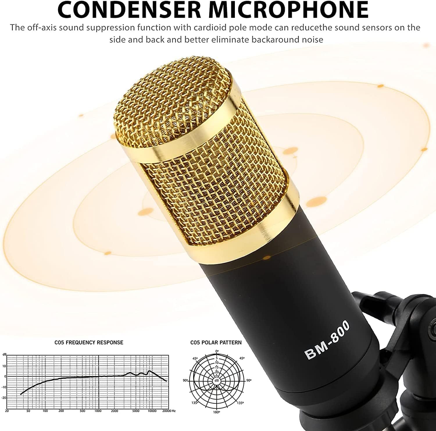 Ein goldener Kondensatormikrofon BM-800 mit Frequenz- und Polardiagrammen.