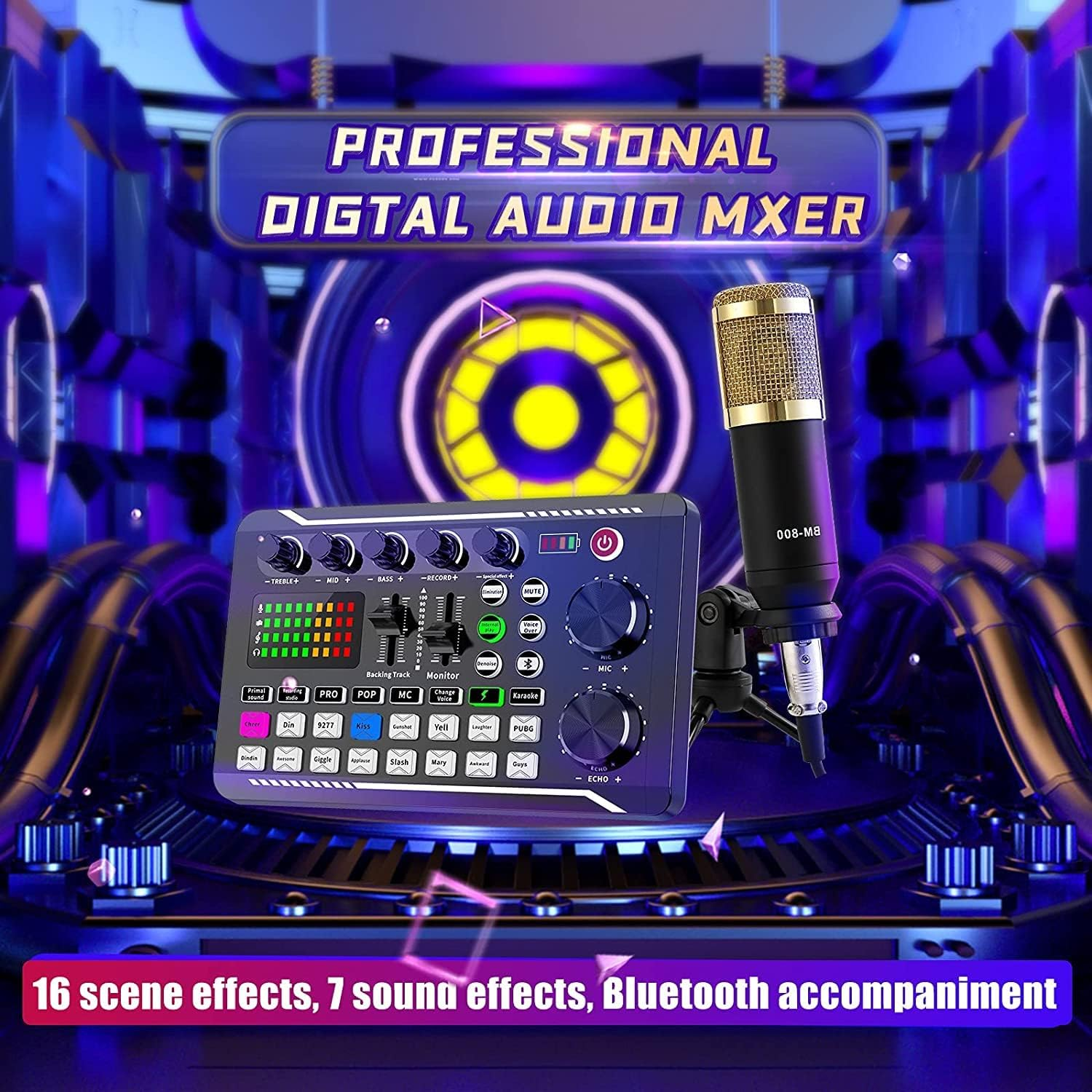 Professioneller digitaler Audio-Mixer mit Mikrofon und Lichteffekten.