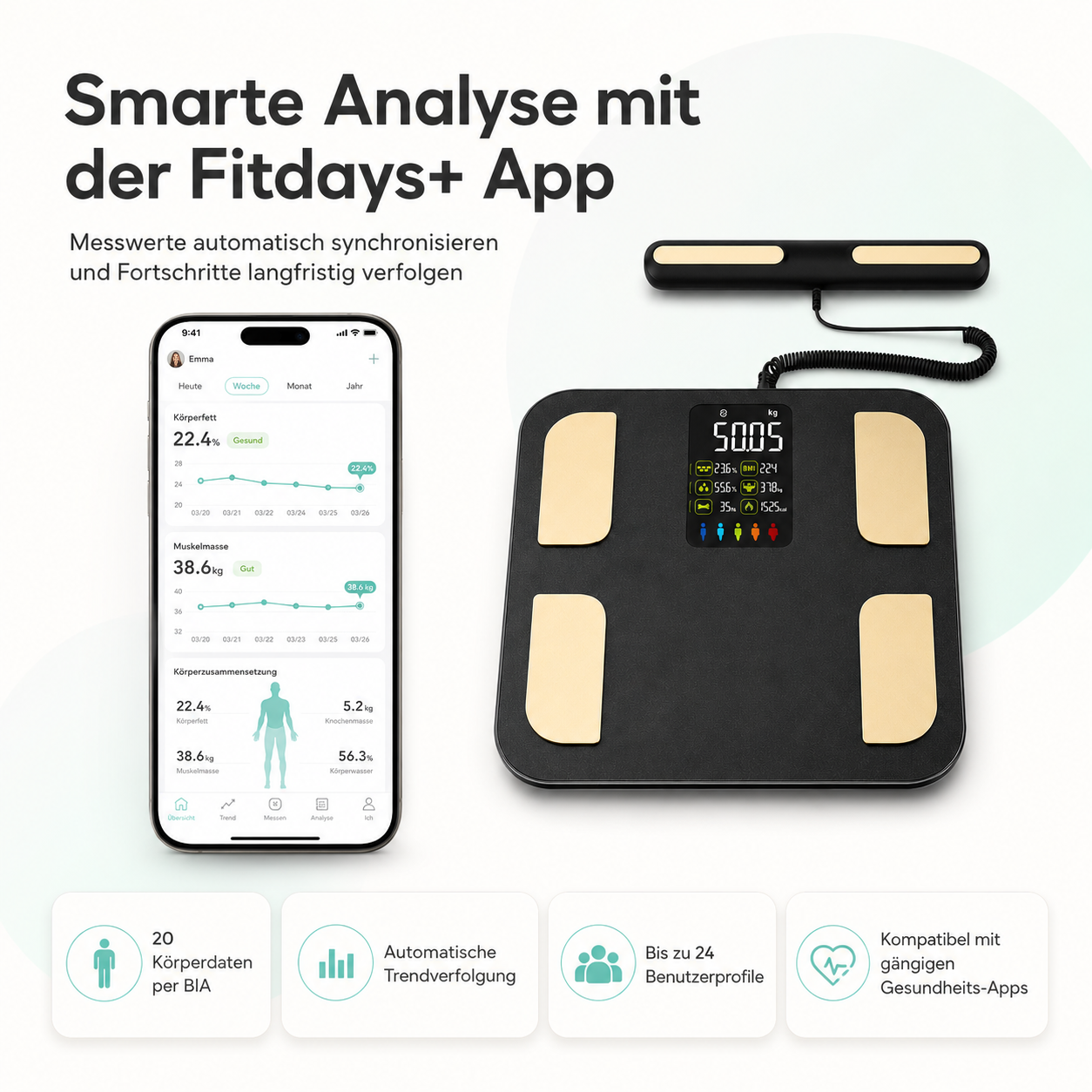 Schlanke Waage mit App-Anzeige, Körperdaten und Graphen.