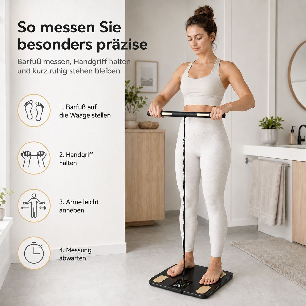 Frau auf Körperanalysewaage, die Anweisungen werden gezeigt.