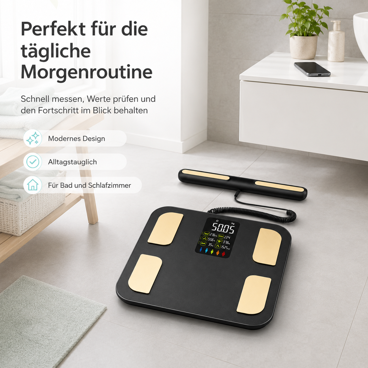 Eine digitale Waage mit separater Anzeigeeinheit steht auf einem gefliesten Badezimmerboden.