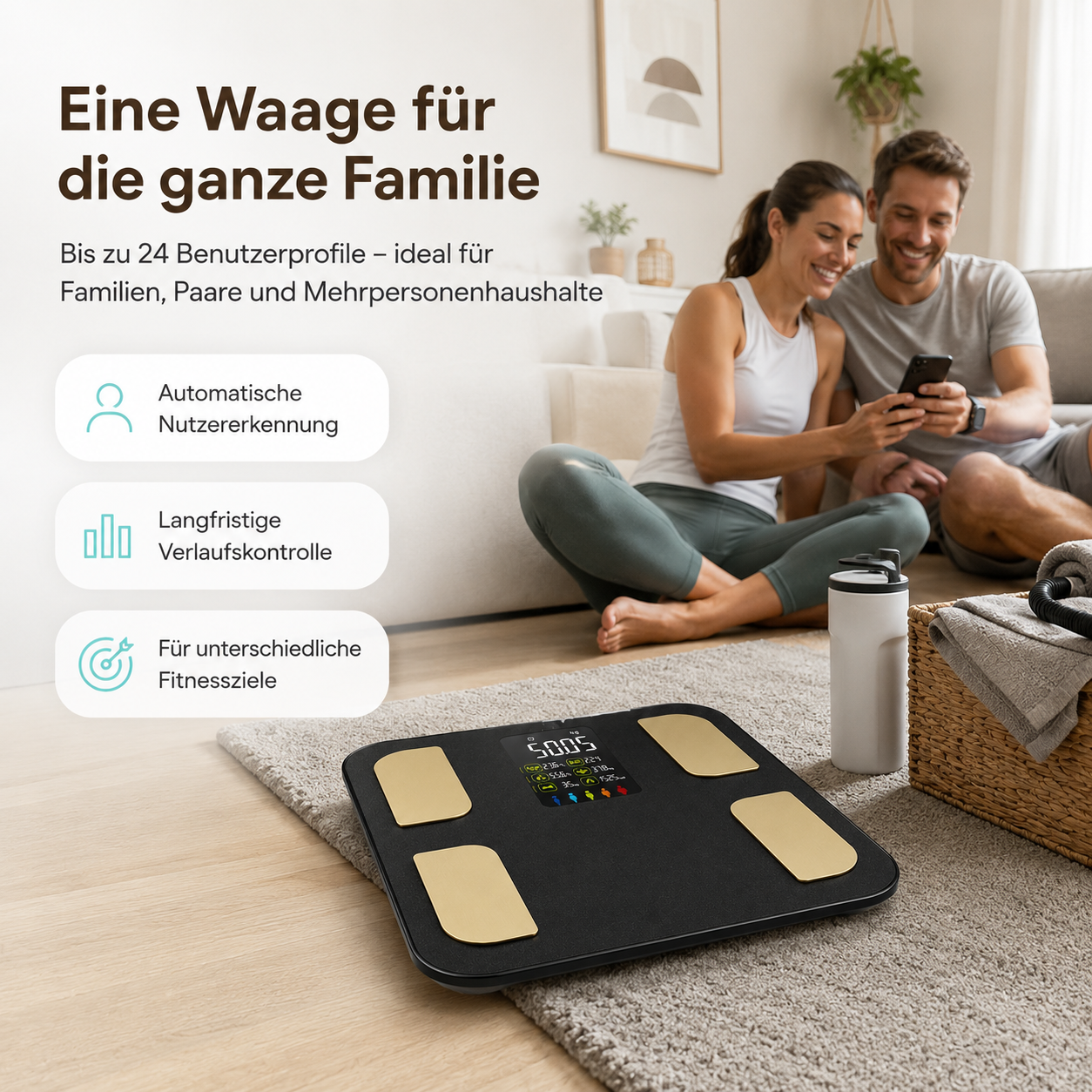 Ein Paar schaut auf ein Smartphone neben einer Personenwaage im Wohnzimmer.