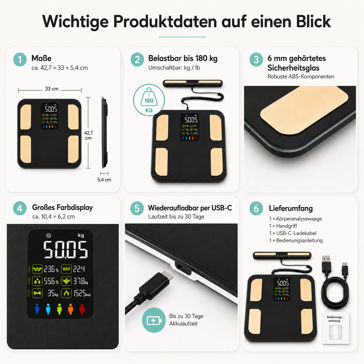 Infografik zeigt eine Körperanalysewaage mit Maßen, Belastbarkeit, Glas, Display, Aufladung und Lieferumfang.
