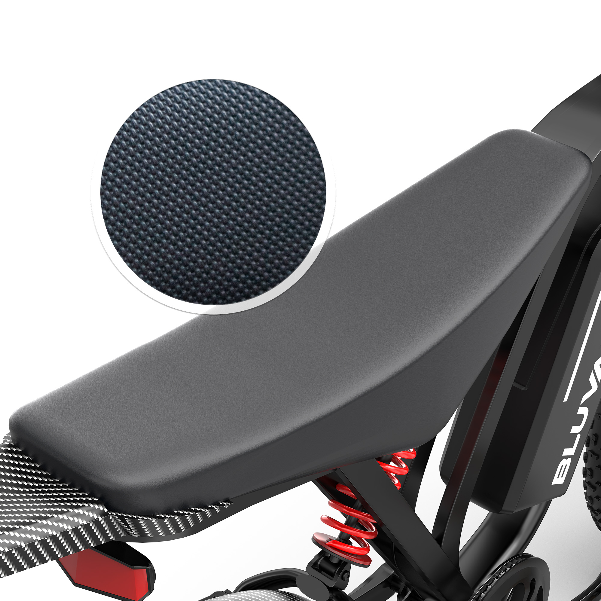 Primer plano de un asiento de bicicleta negro con amortiguadores rojos y detalles de fibra de carbono.