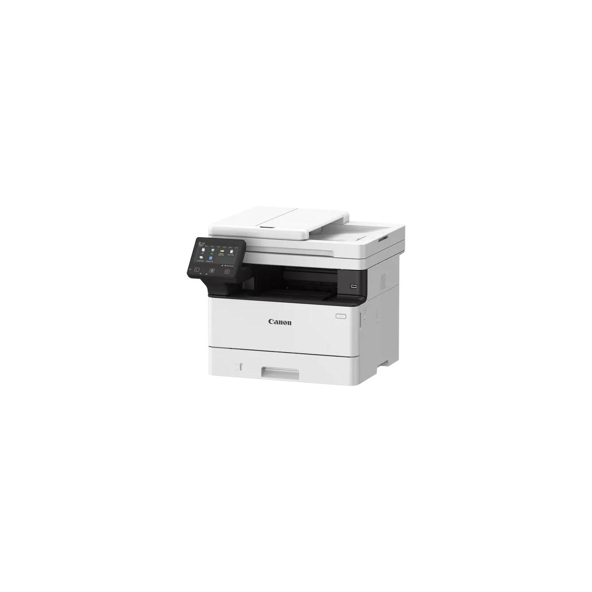 Ein weißer Canon Multifunktionsdrucker mit Touchscreen steht auf weißem Hintergrund.