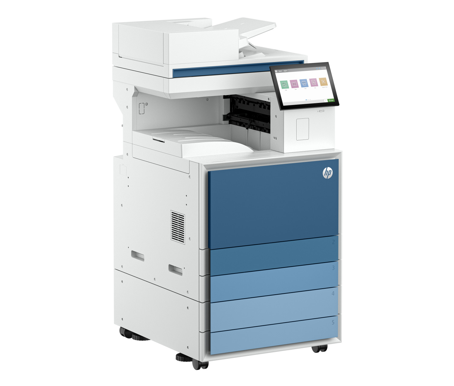 Ein weißer und blauer HP Multifunktionsdrucker mit Touchscreen und fünf Schubladen.