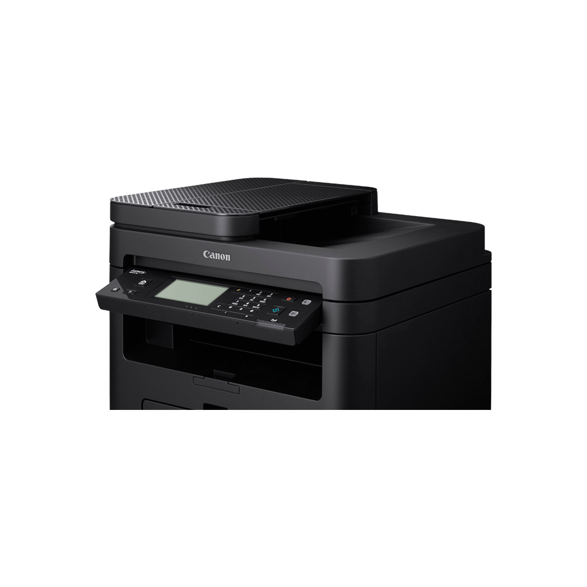 Una stampante Canon nera con pannello di controllo estraibile e coperchio scanner.