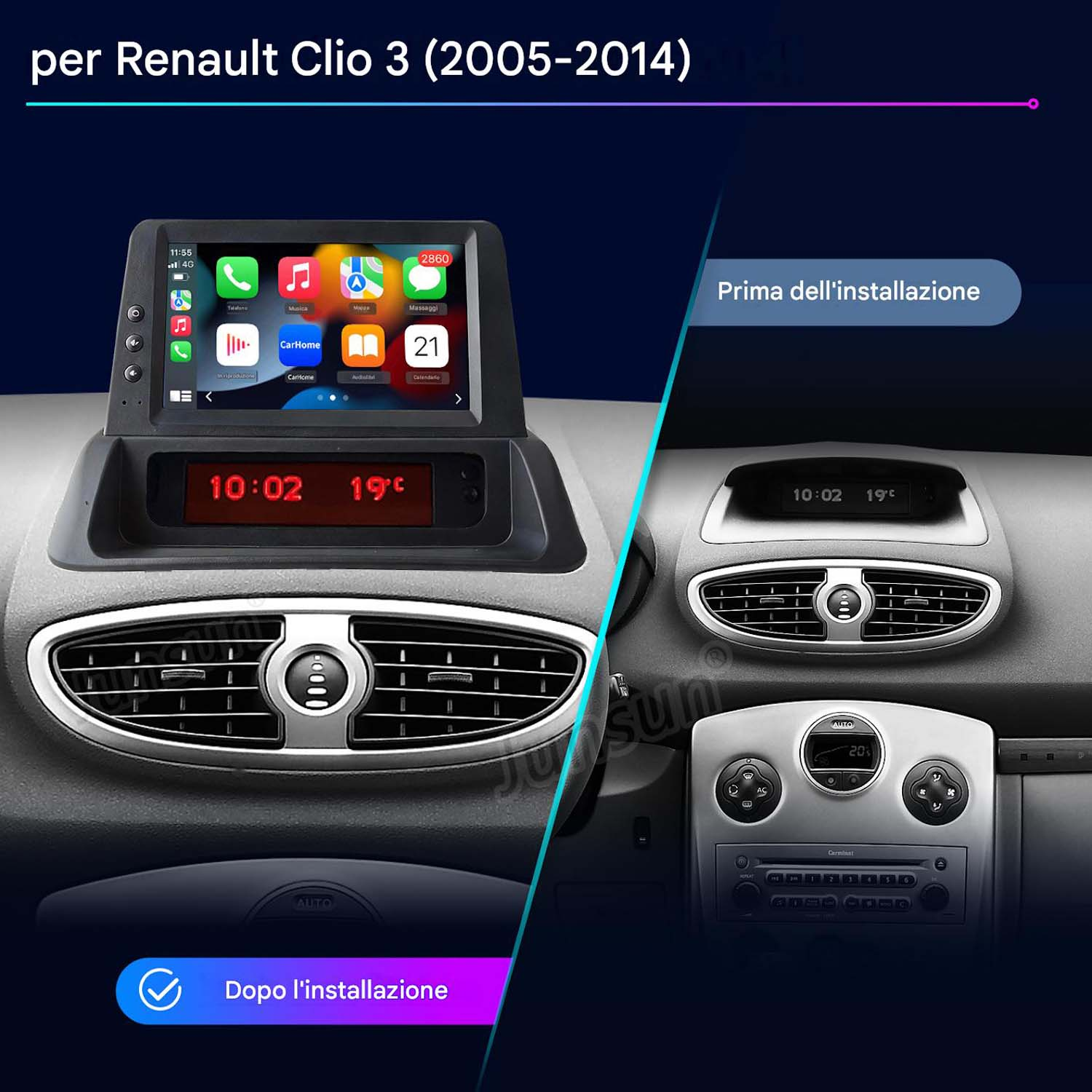 Prima e dopo l'installazione di un sistema di infotainment in una Renault Clio 3.