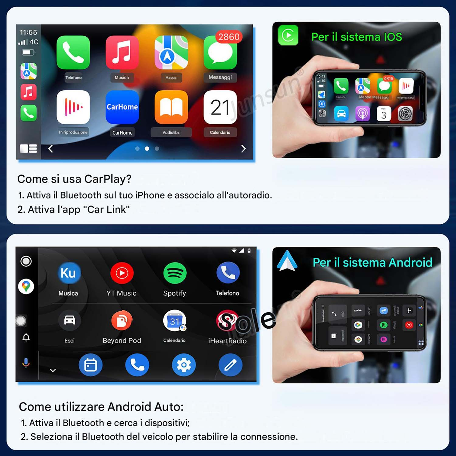Due schermate infotainment auto: iOS CarPlay con app e Android Auto con app.