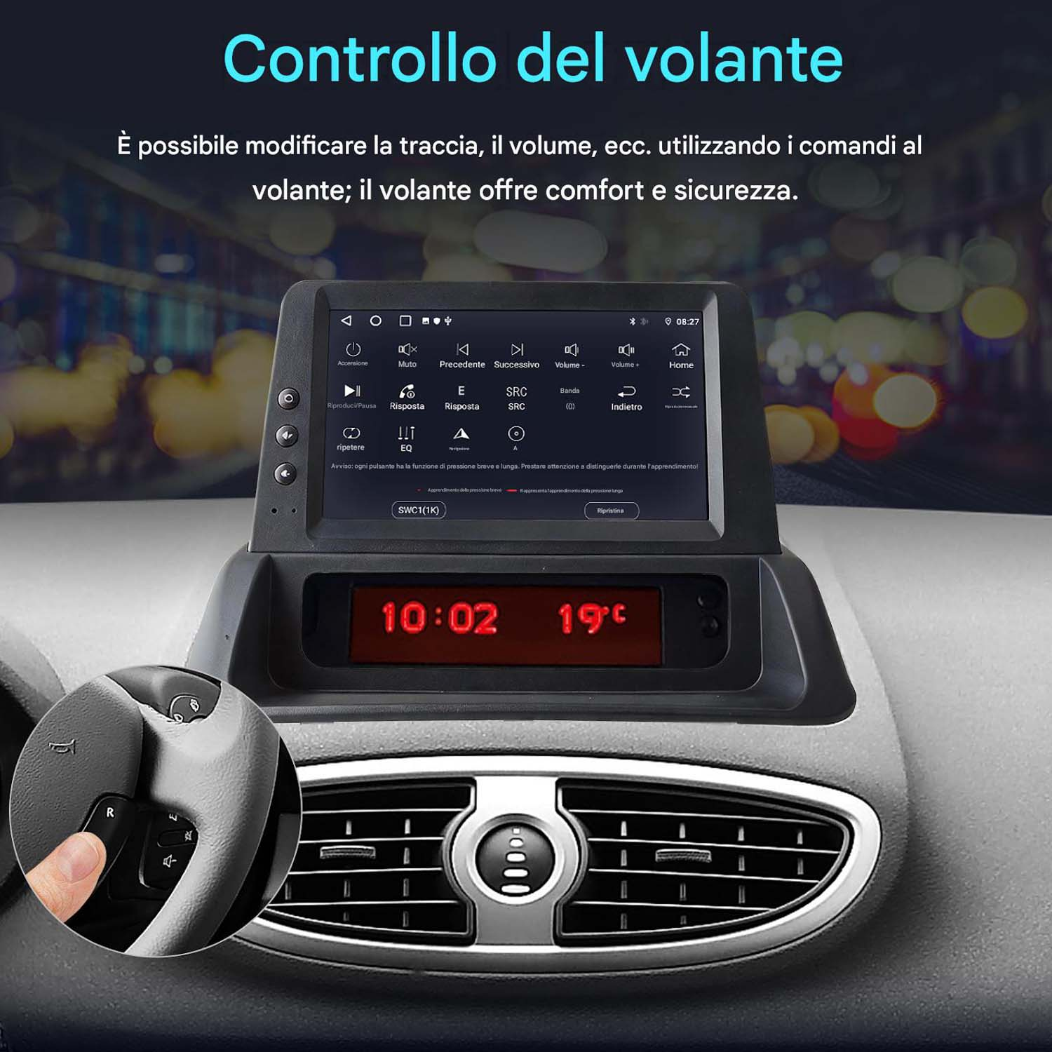 Un cruscotto d'auto con display touchscreen che mostra impostazioni audio e veicolo.