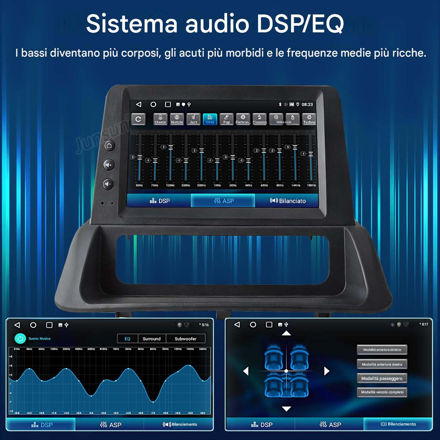Un display per autoradio mostra impostazioni DSP/EQ con barre equalizzatore e modalità audio.