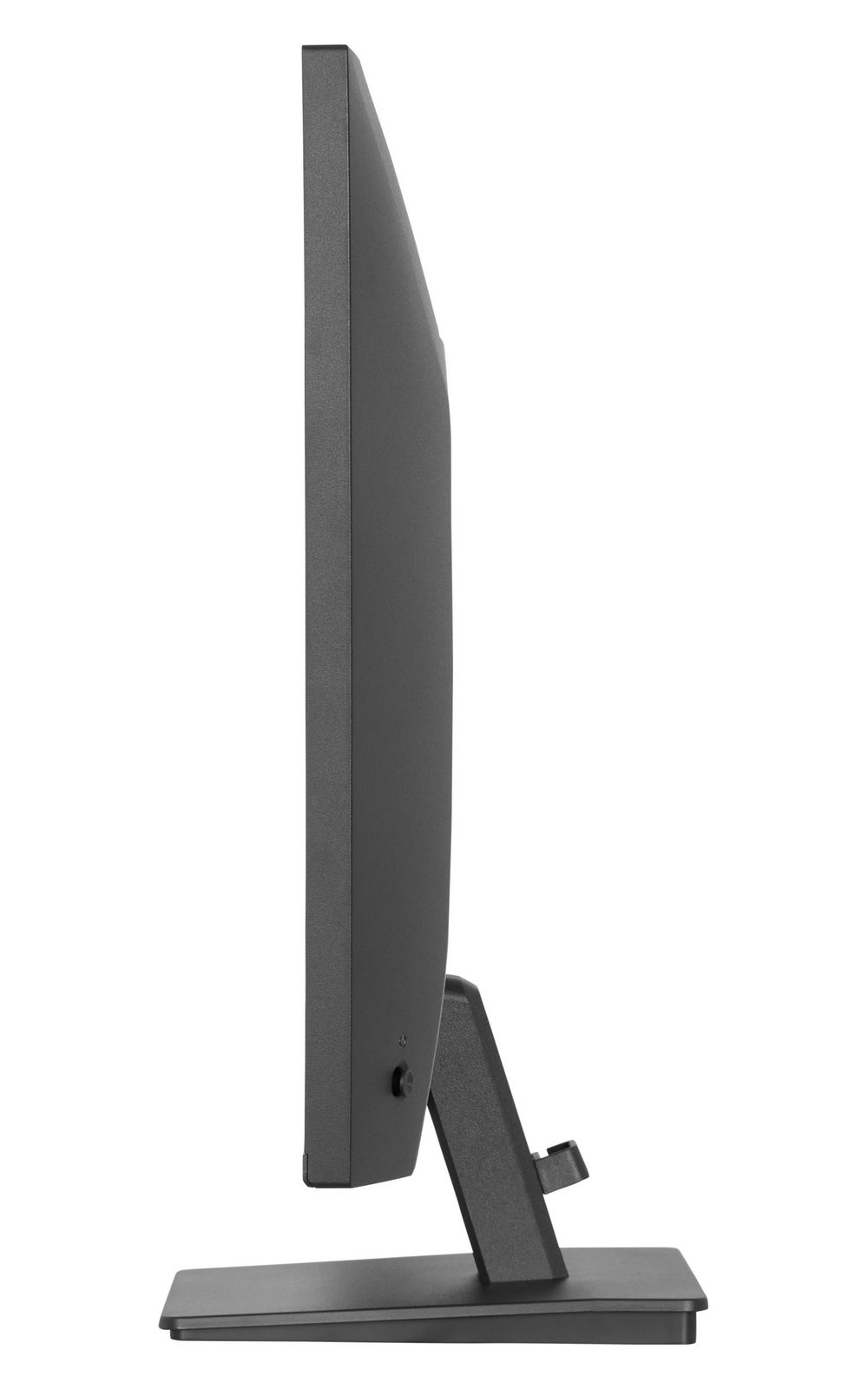 Vista laterale di un monitor di computer nero con supporto su sfondo bianco.