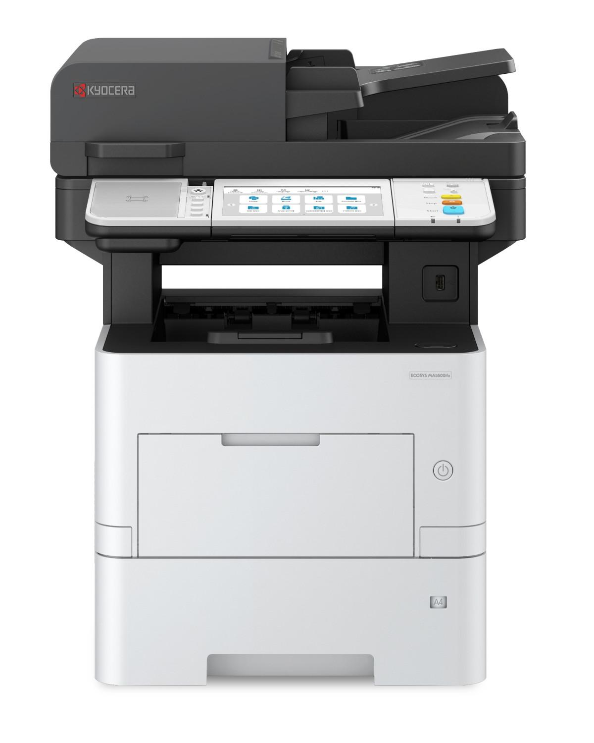 Una impresora Kyocera ECOSYS MA5500ifx en blanco y negro con pantalla táctil.