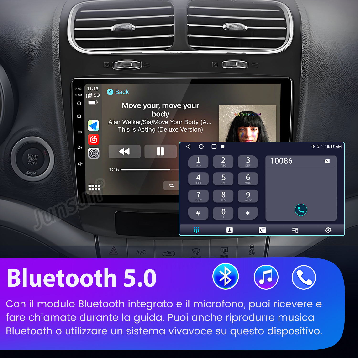 Autoradio touchscreen mostra musica e interfaccia telefono. Testo 'Bluetooth 5.0' in basso.