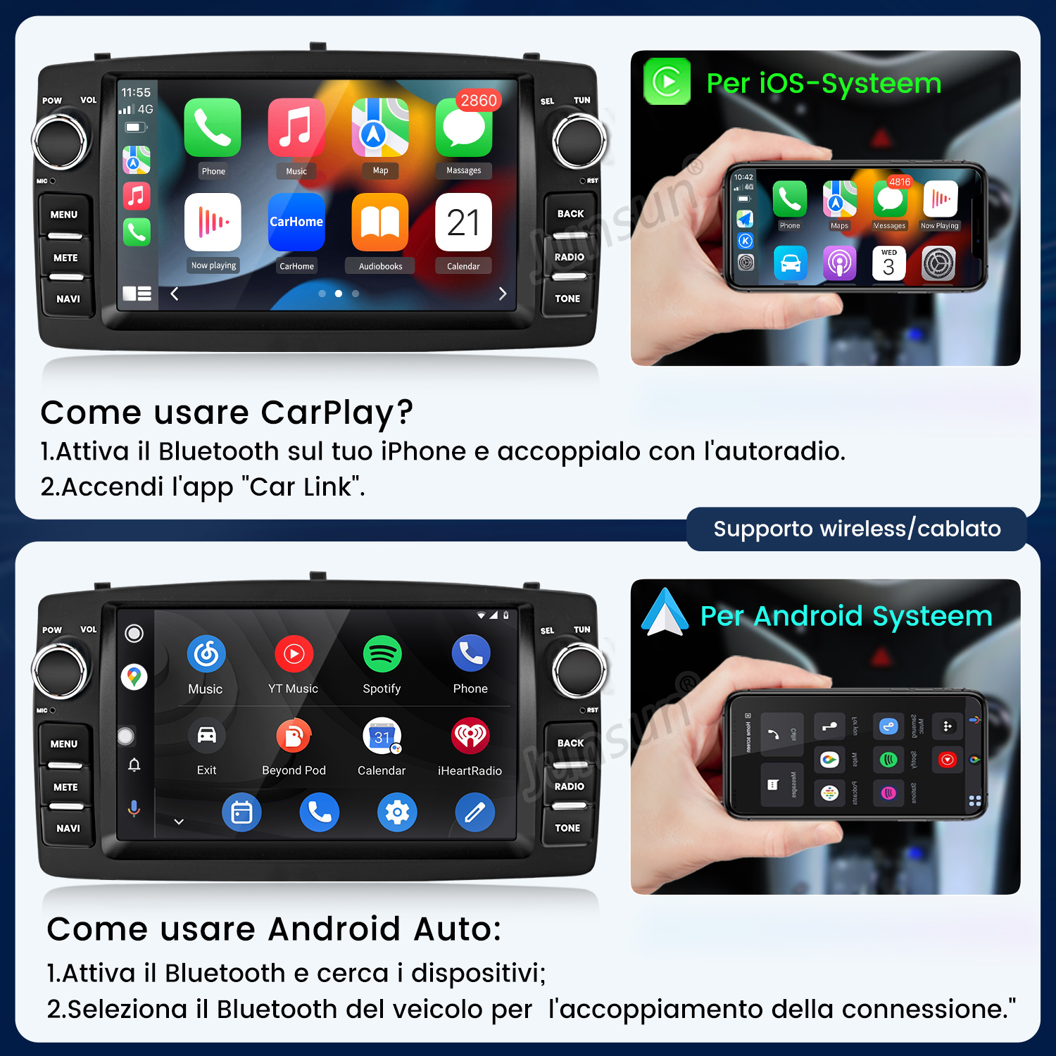Il display dell'auto mostra interfacce CarPlay e Android Auto, con istruzioni.