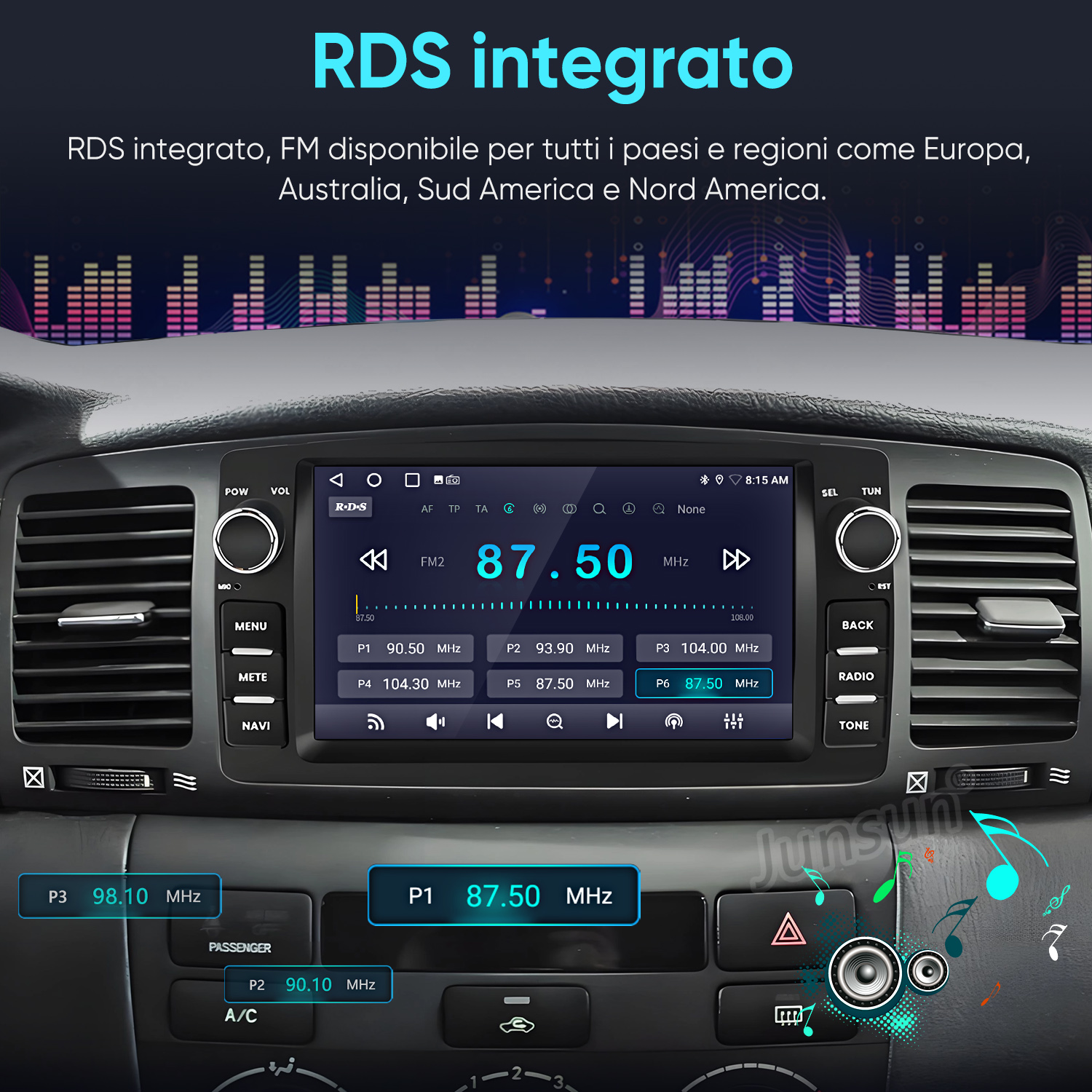 Una autoradio con display RDS mostra frequenze e stazioni FM.