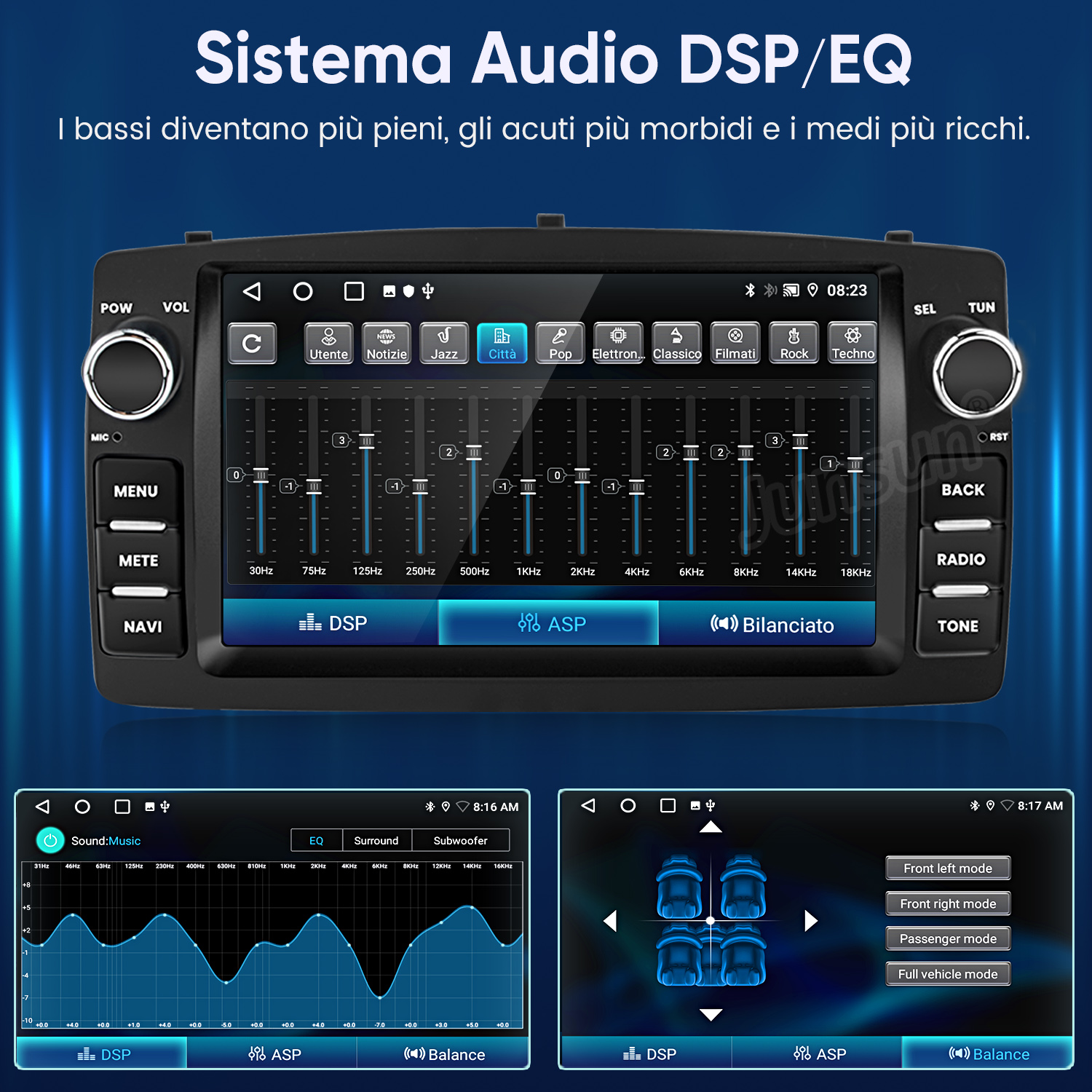 Display autoradio mostra impostazioni equalizzatore e bilanciamento.