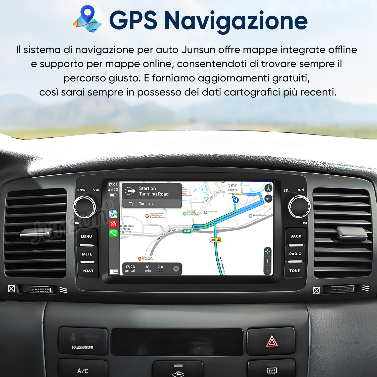 Sistema di navigazione per auto con vista mappa sul cruscotto.