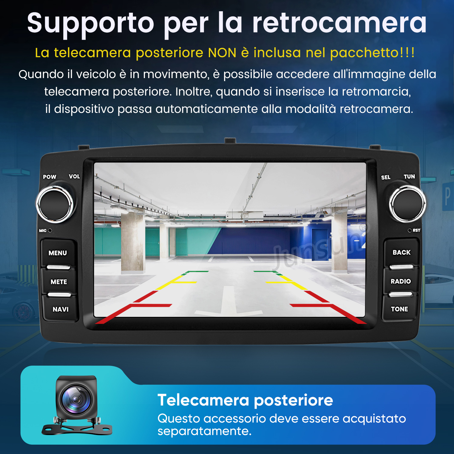 Autoradio con vista retrocamera e telecamera separata.