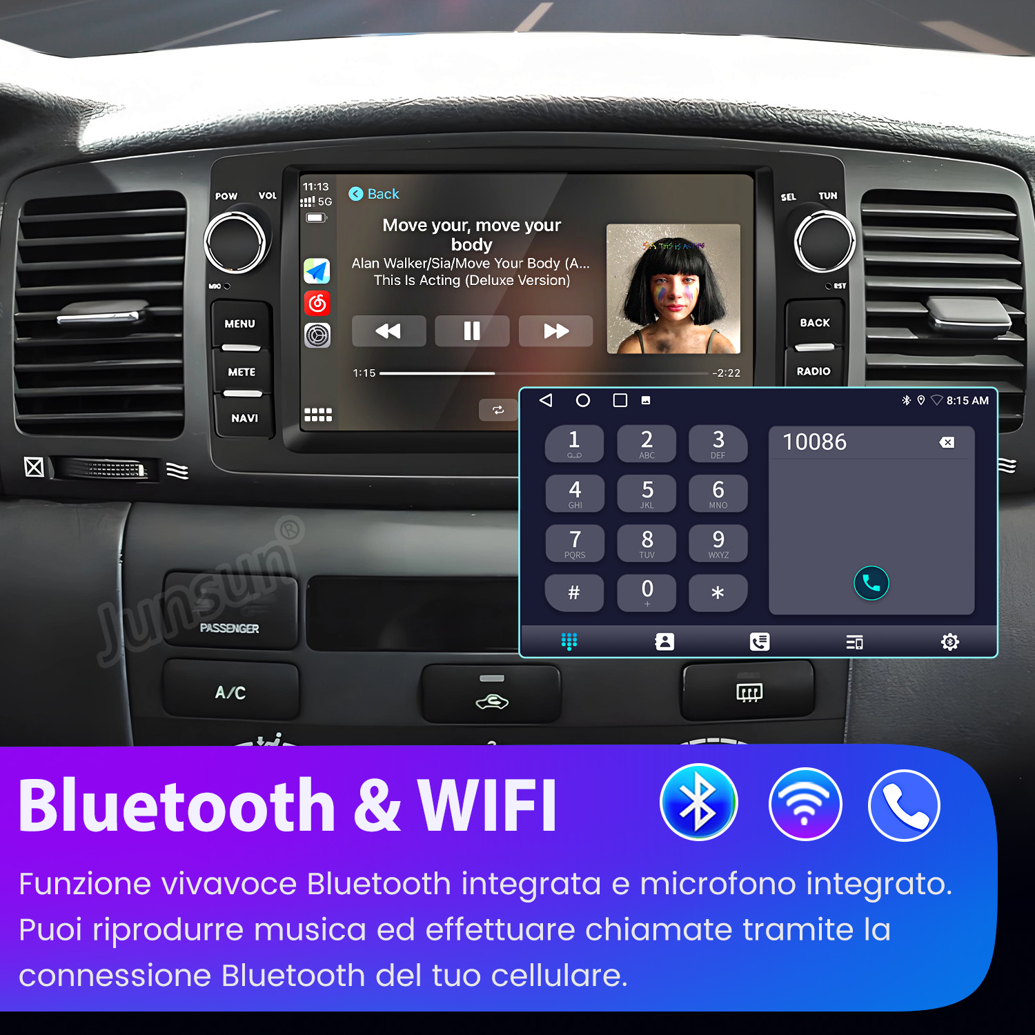Interno auto con radio touchscreen che mostra musica e tastierino numerico.