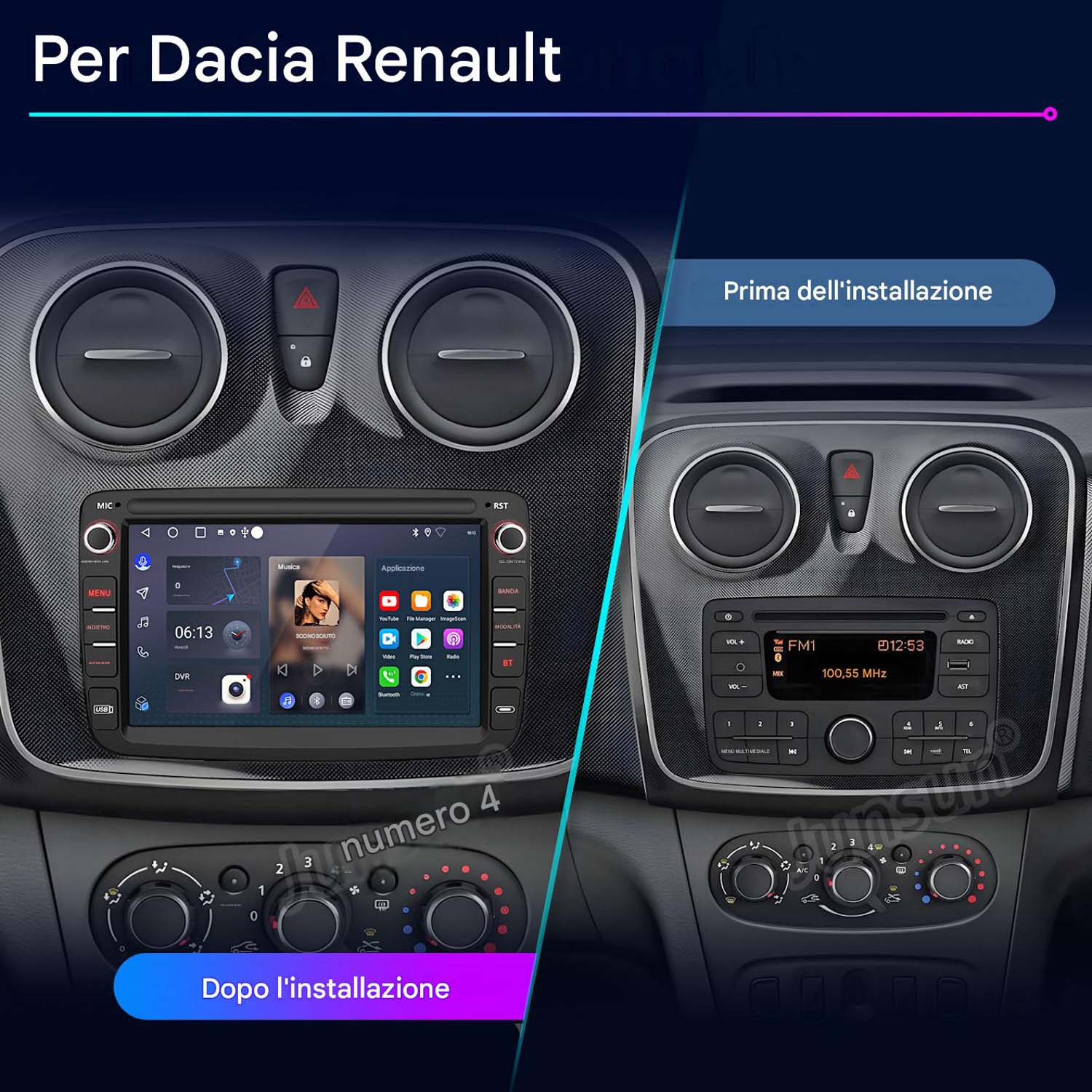 Confronto sistema infotainment auto prima e dopo installazione per Dacia Renault.