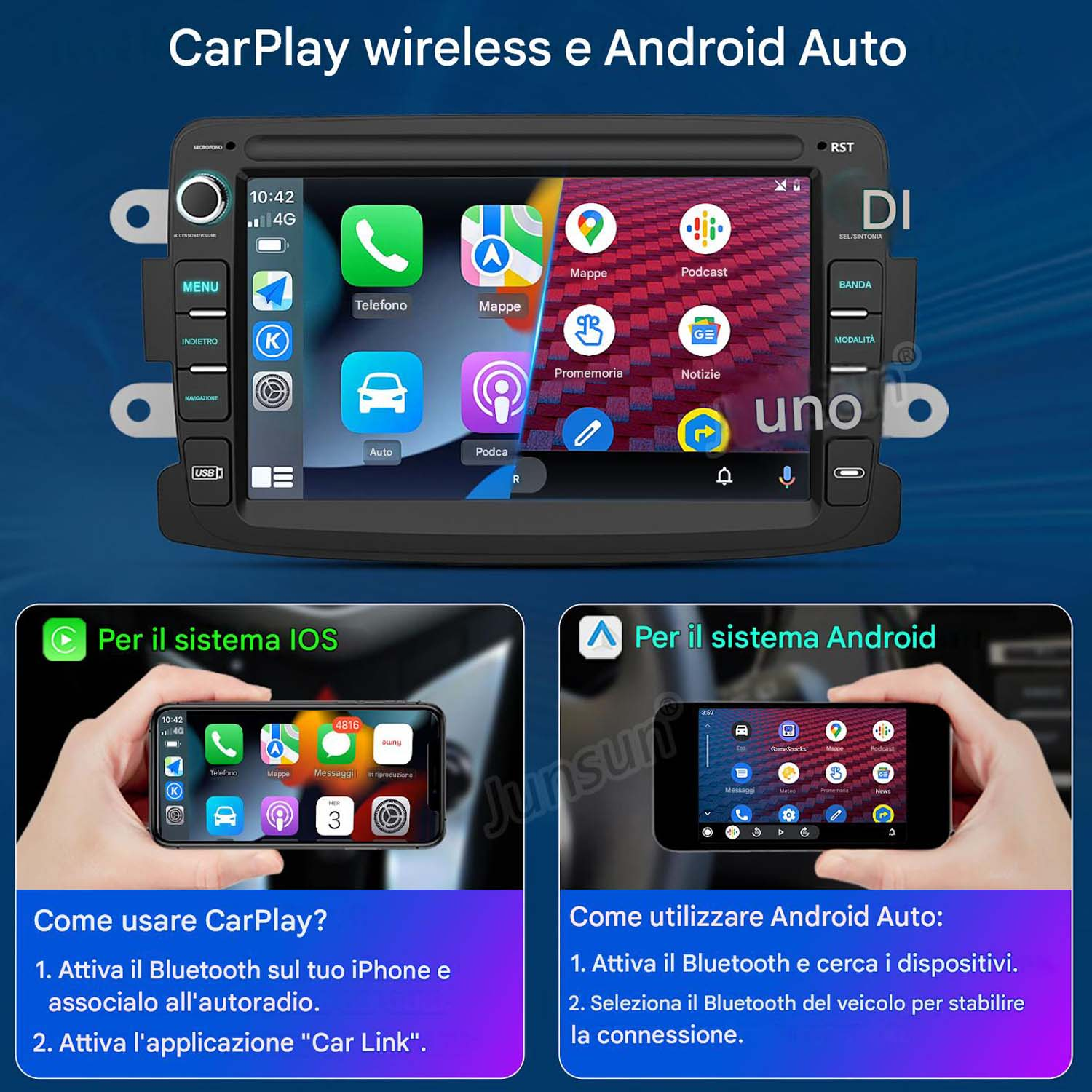 Un autoradio mostra le interfacce CarPlay e Android Auto, con screenshot di telefoni.