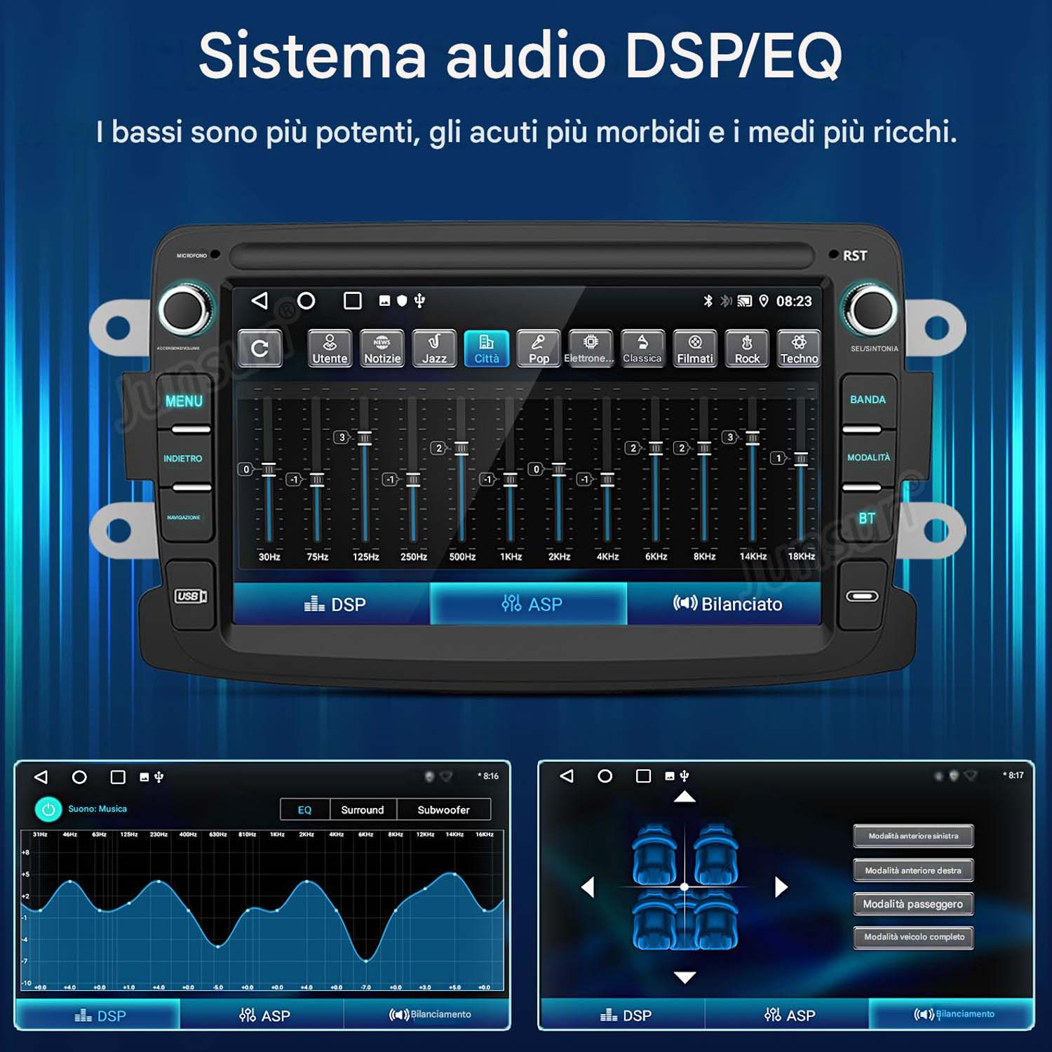 Display autoradio con impostazioni EQ, grafici di frequenza e modalità audio veicolo.