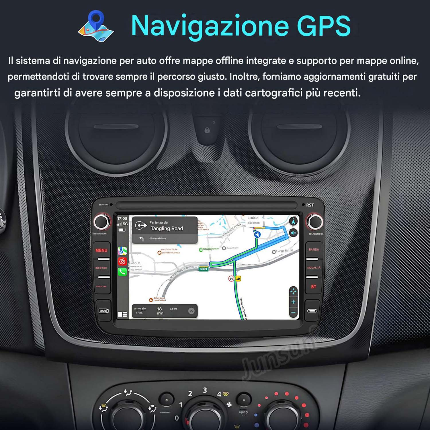 Un sistema di navigazione mostra una mappa con guida stradale su uno schermo di autoradio.