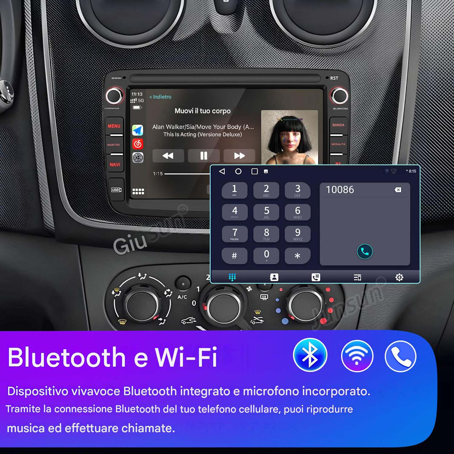 Un autoradio con touchscreen mostra musica e tastierino. Sotto ci sono i controlli clima.