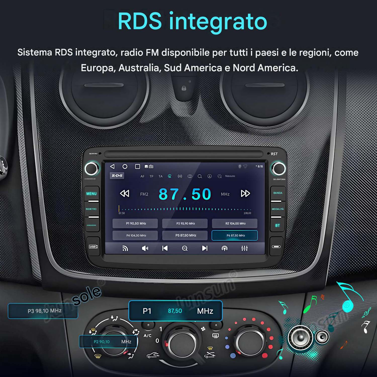 Interno auto con radio RDS integrata e pulsanti di controllo.