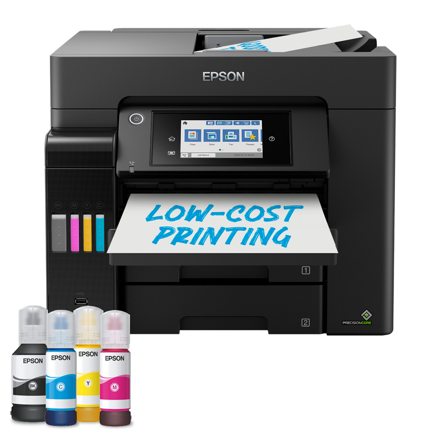 Une imprimante Epson noire avec quatre bouteilles d'encre et une feuille "LOW-COST PRINTING".