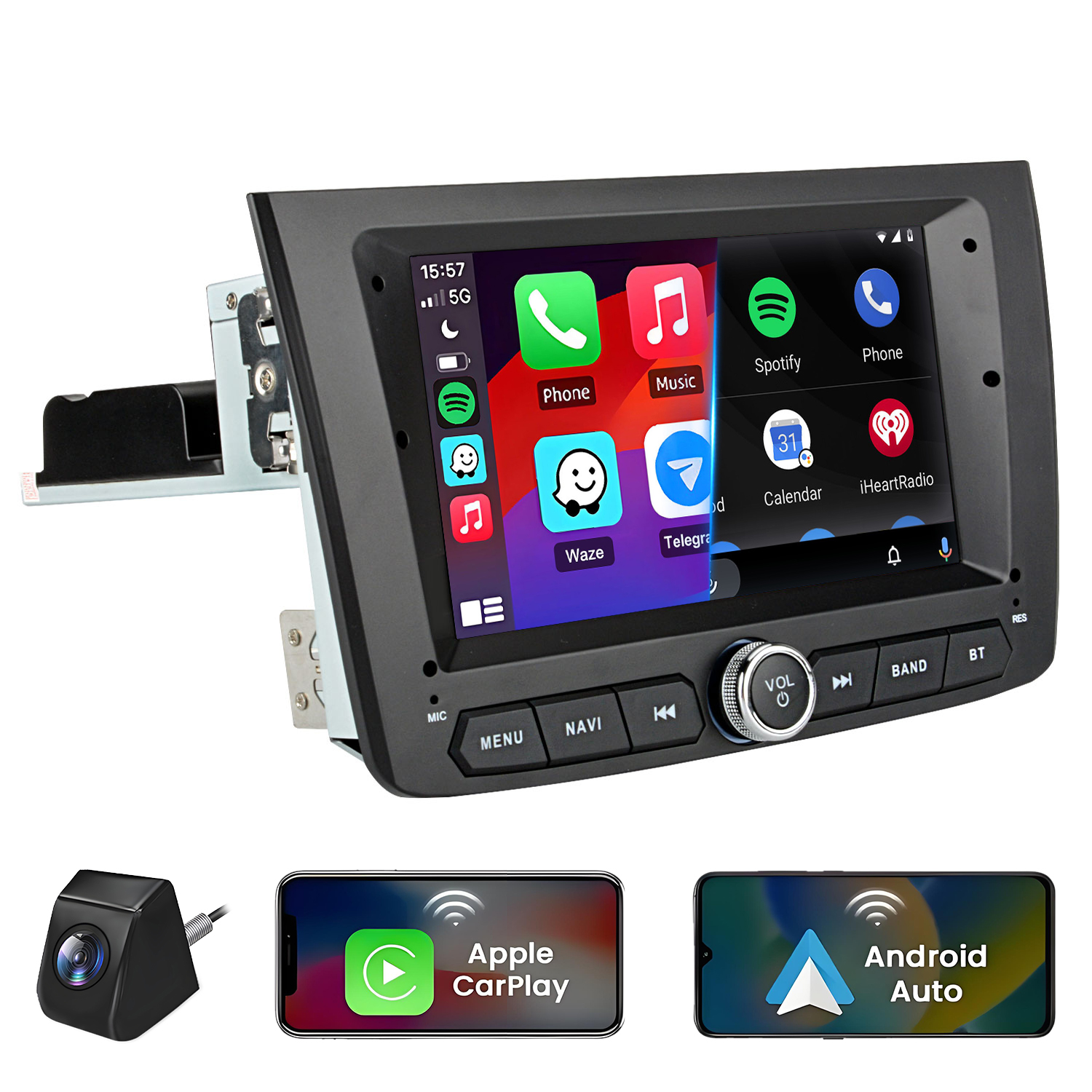 Un autoradio con touchscreen che mostra Apple CarPlay e Android Auto, con telecamera posteriore.