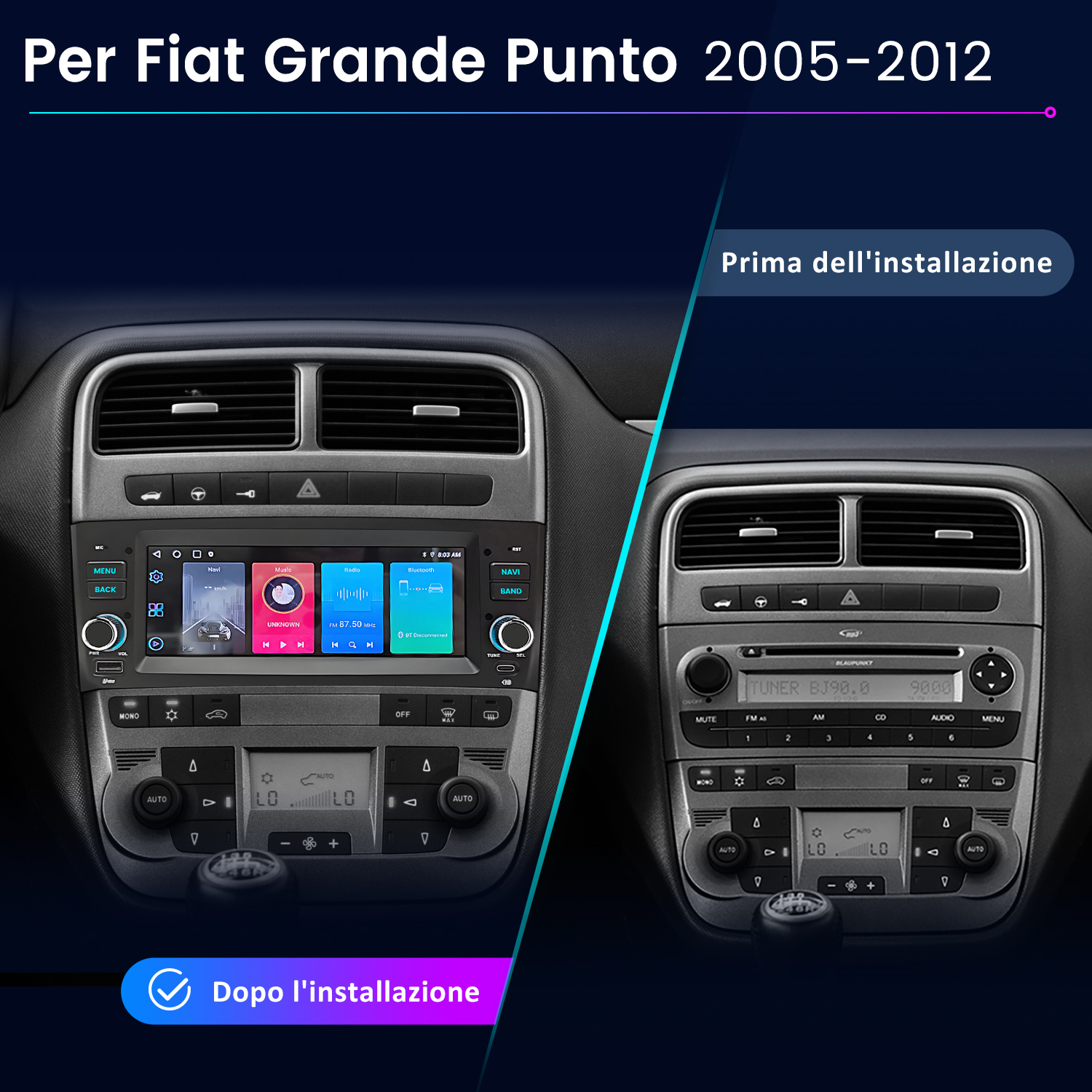 Confronto cruscotto Fiat Grande Punto 2005-2012: prima e dopo installazione autoradio.