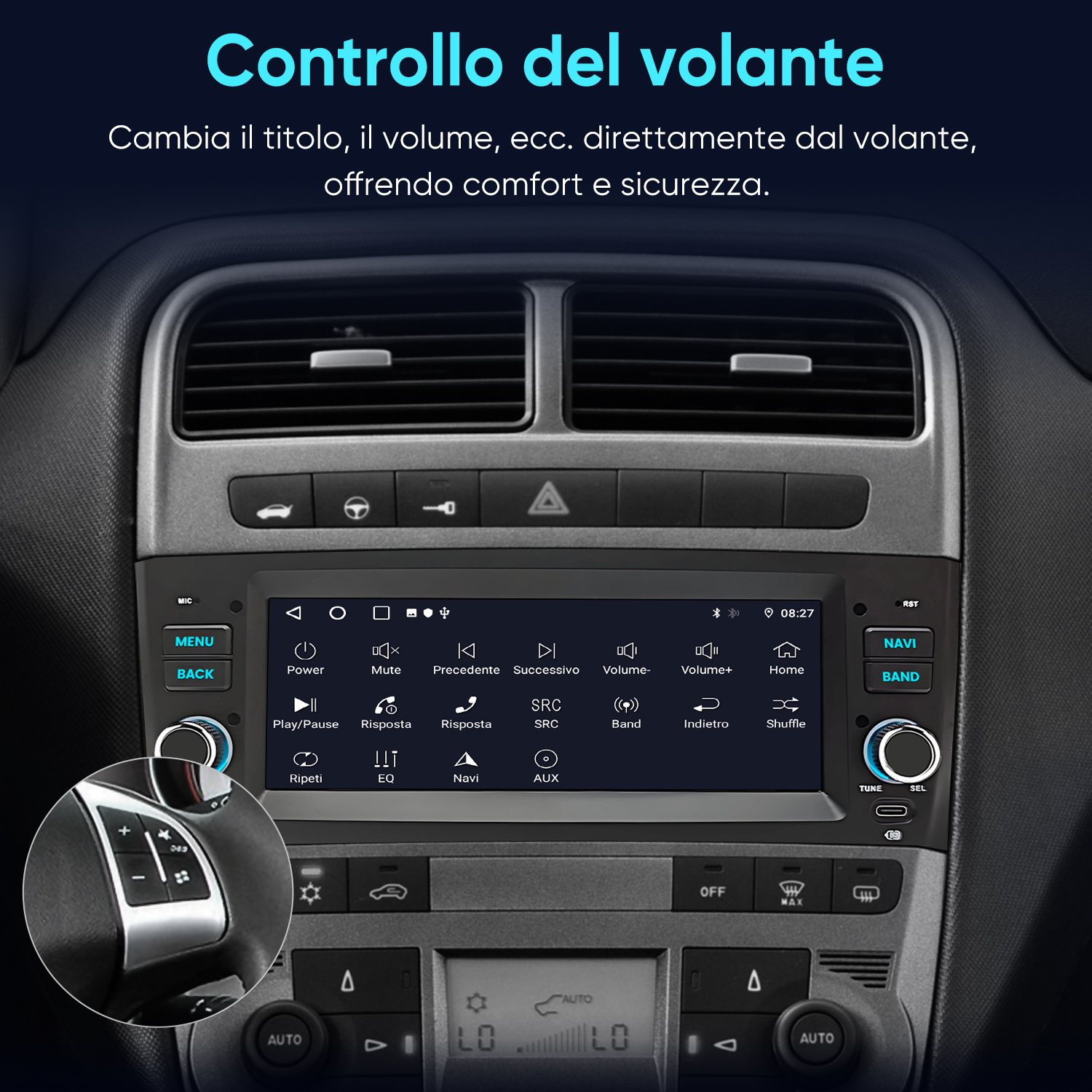 Cruscotto con autoradio touchscreen e comandi al volante.