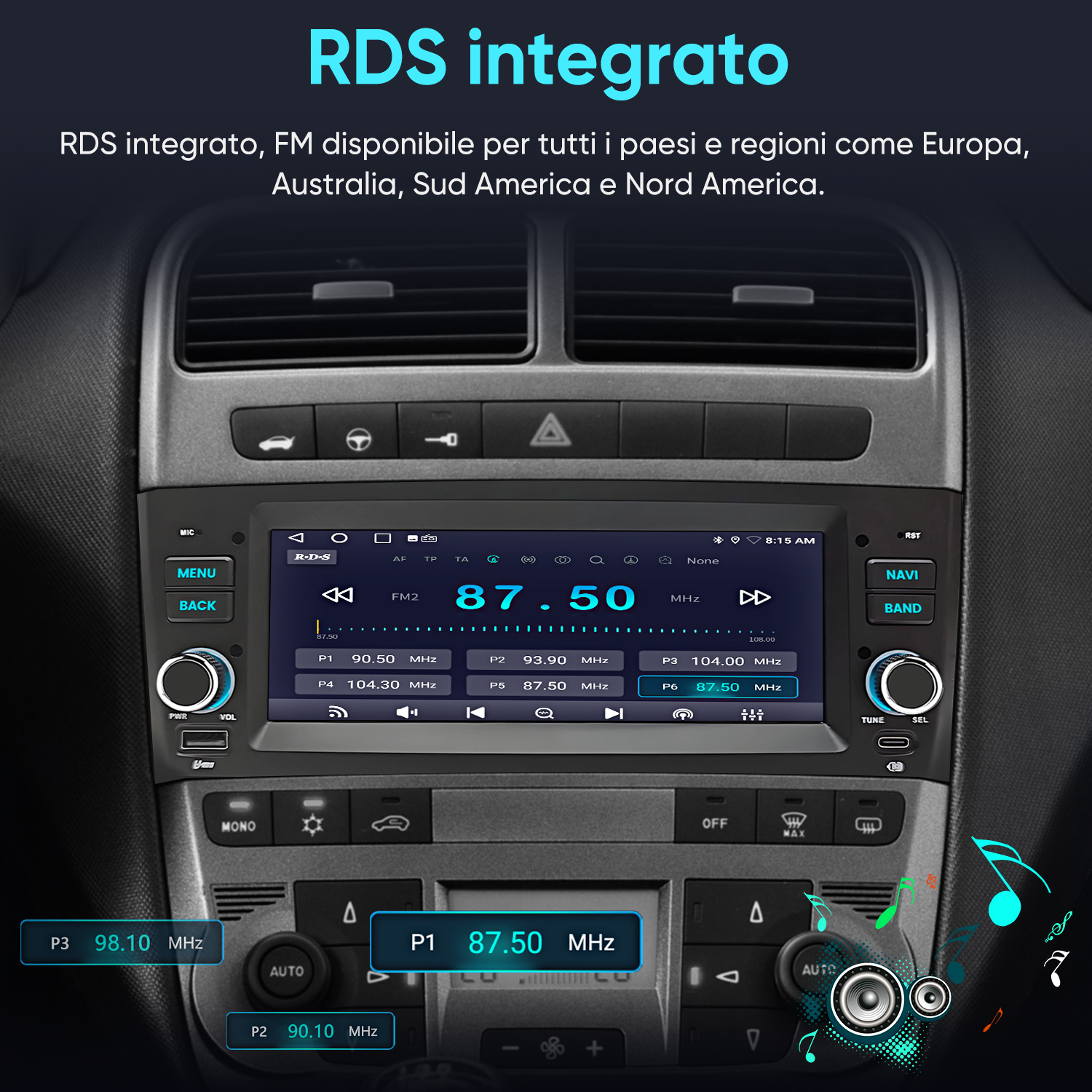 Display autoradio che mostra frequenze, info stazioni e controlli.
