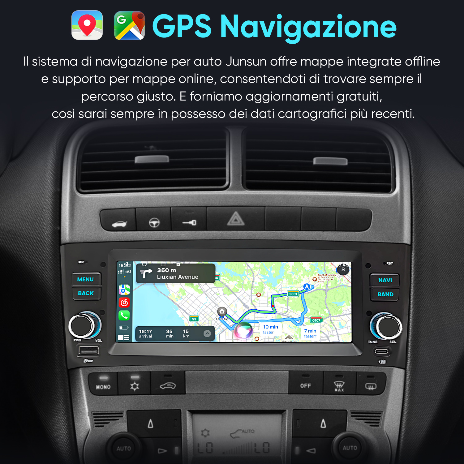 Schermo navigatore auto con mappa, percorso e dettagli di navigazione.