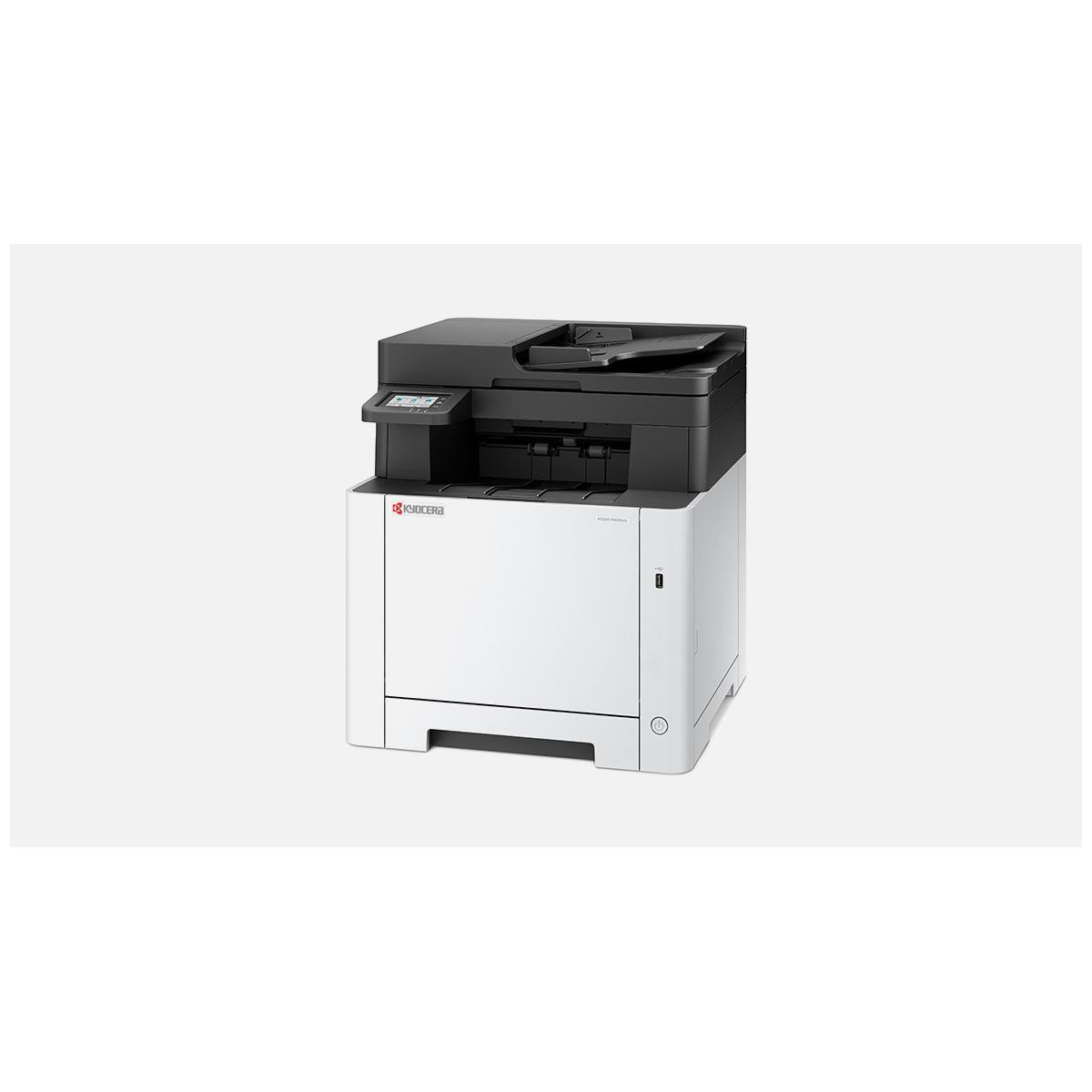 Una impresora Kyocera blanca con panel de control negro y alimentador de papel.