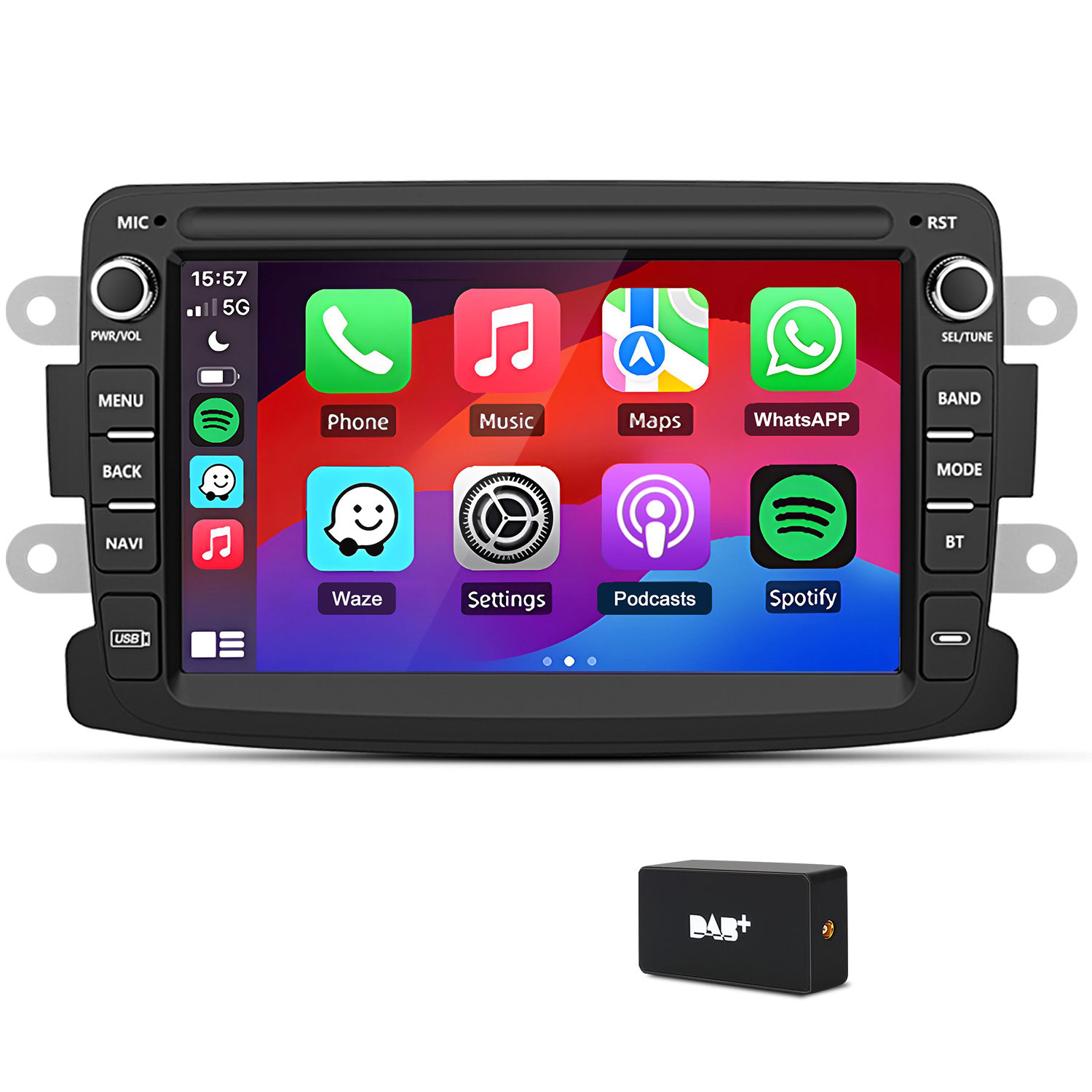Un'autoradio con touchscreen mostra icone di app. Accanto, un ricevitore DAB+.