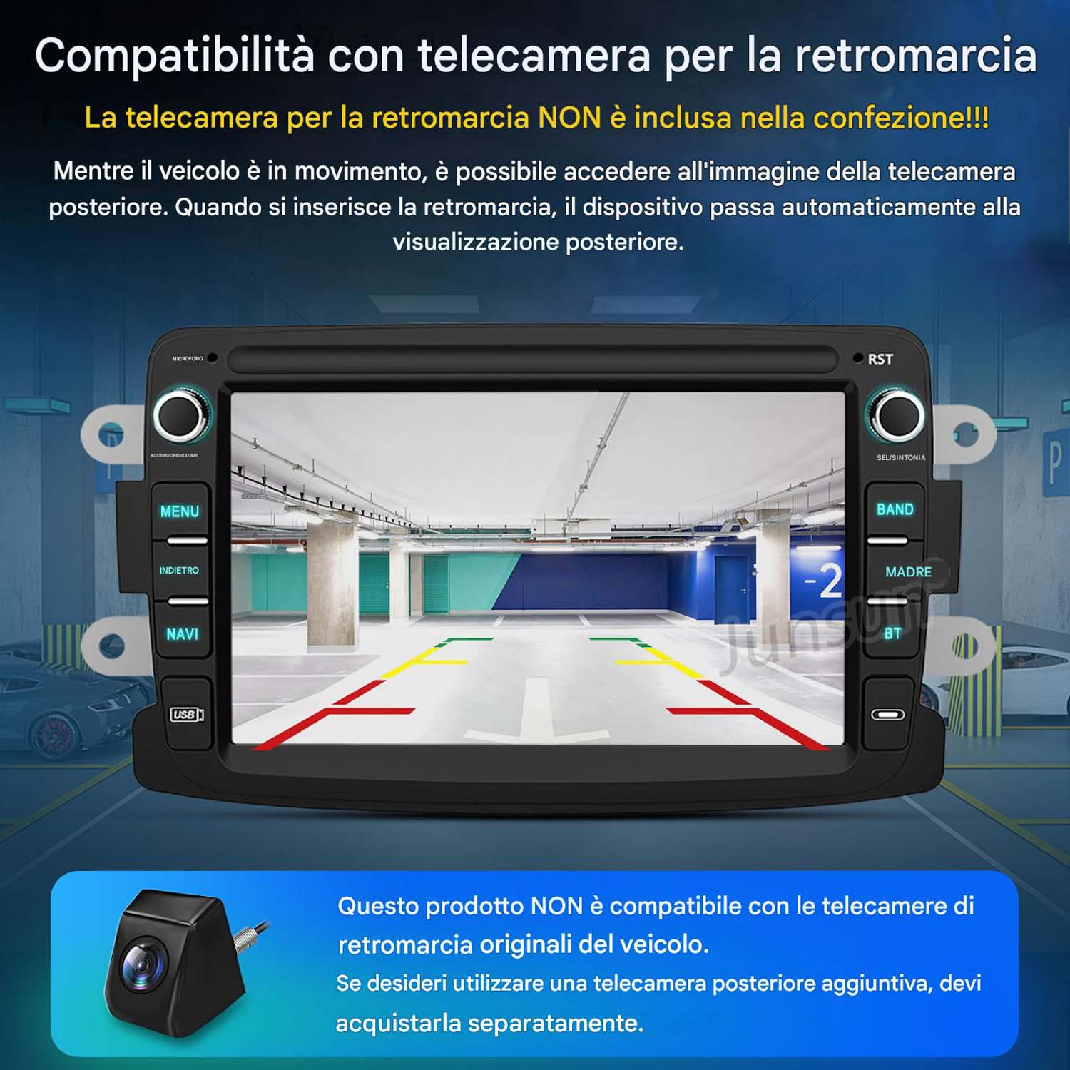 Schermo autoradio mostra vista telecamera retromarcia con linee di parcheggio.