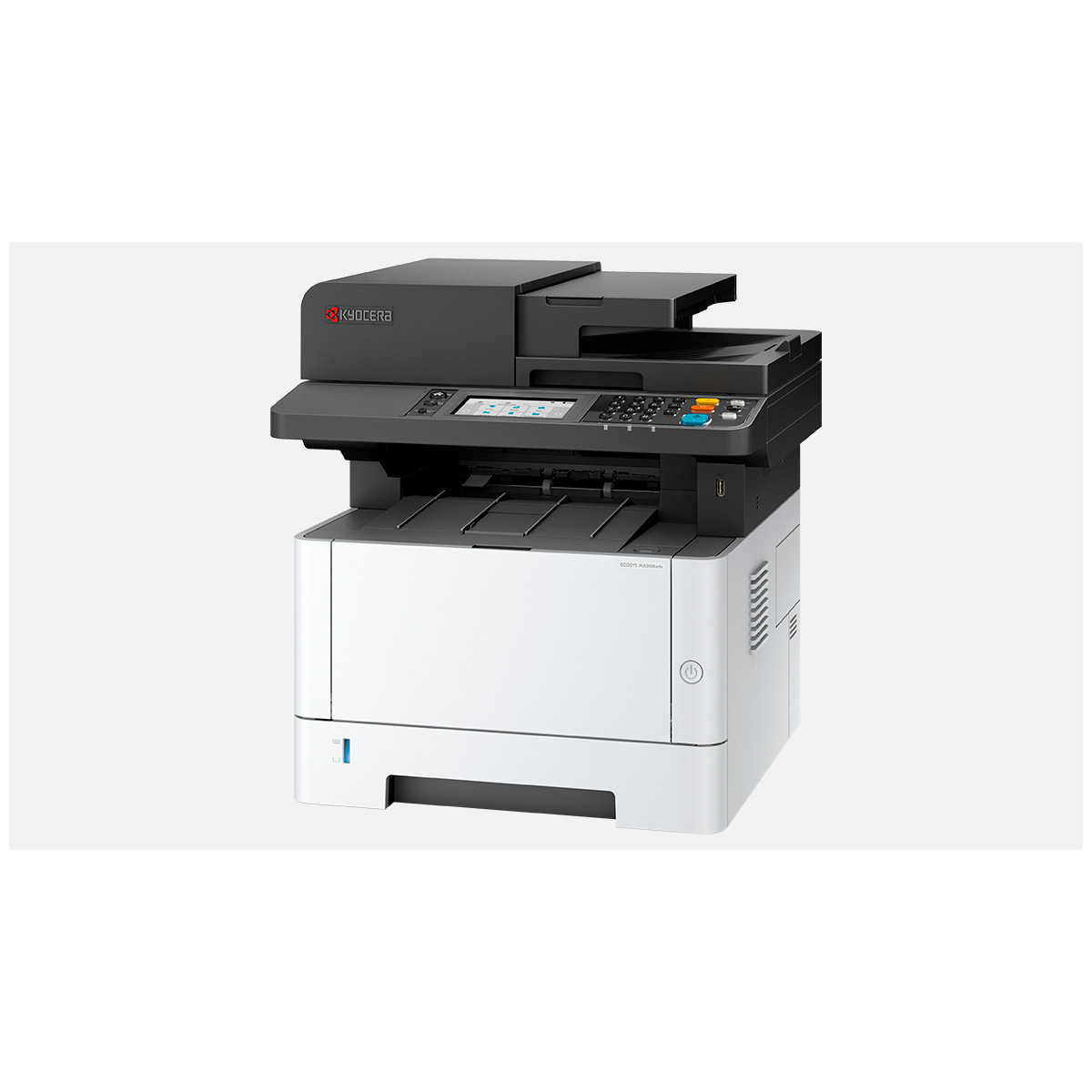 Una stampante multifunzione Kyocera con alimentatore automatico di documenti in alto.