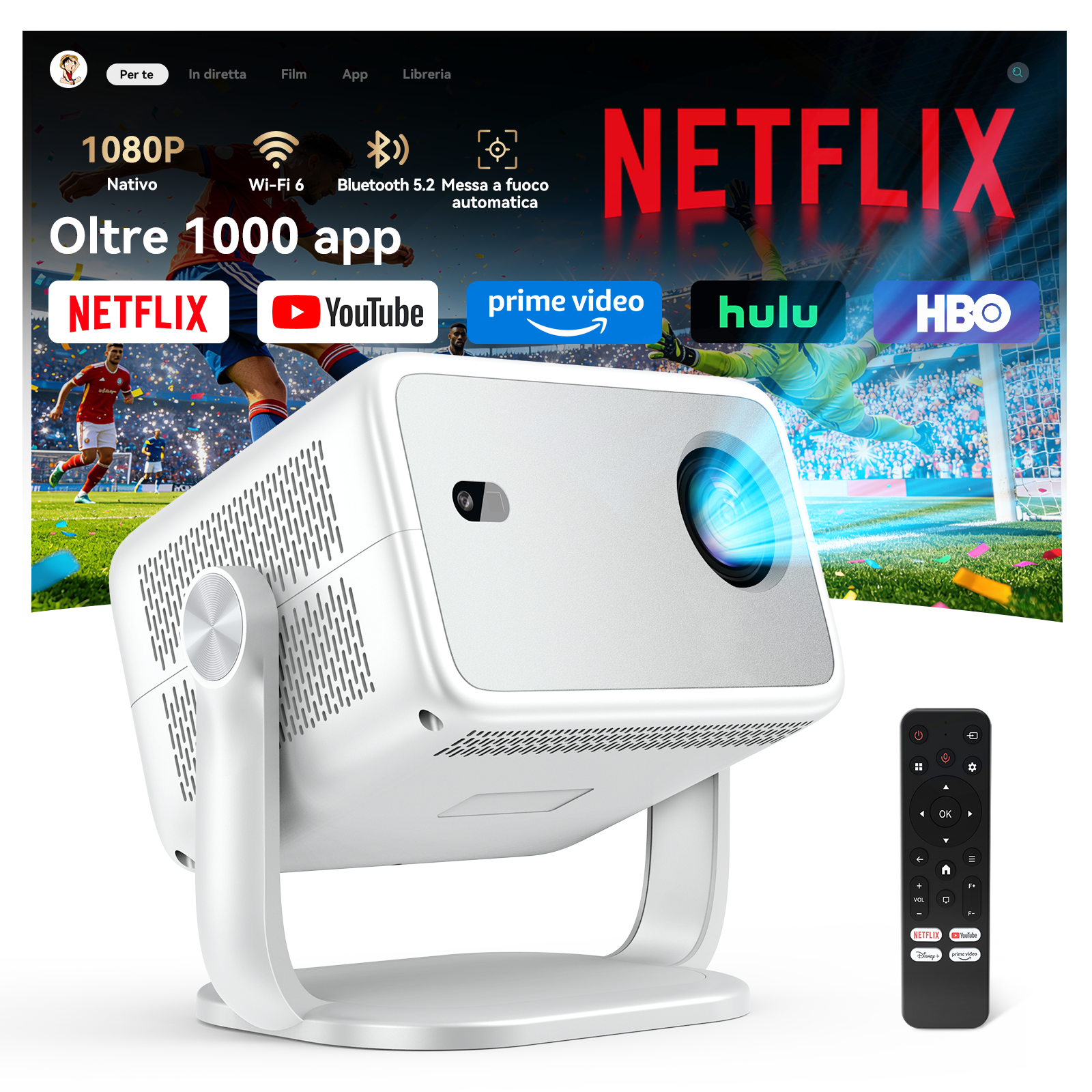 Proiettore moderno con schermo calcio, loghi streaming e telecomando.