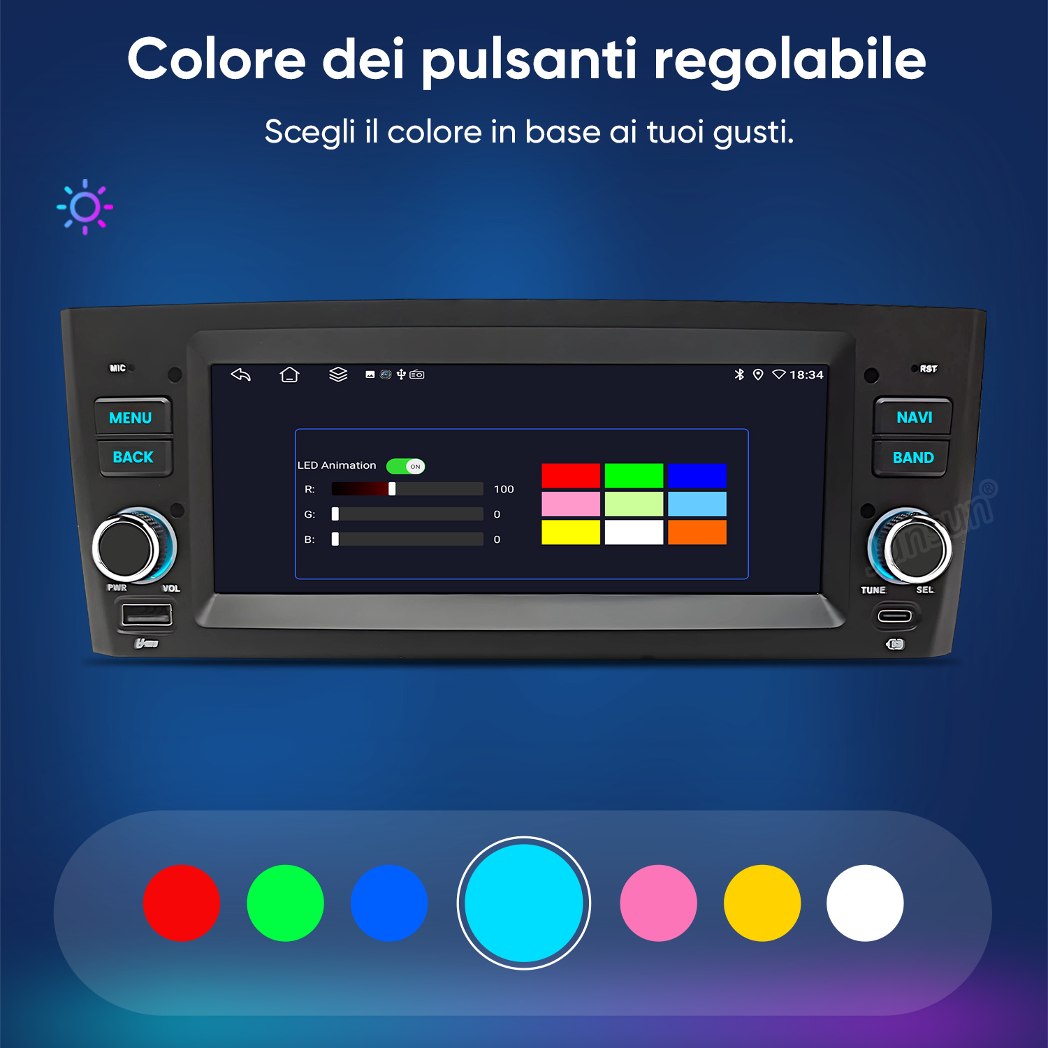 Schermo autoradio mostra controllo colore RGB e selezione colori.