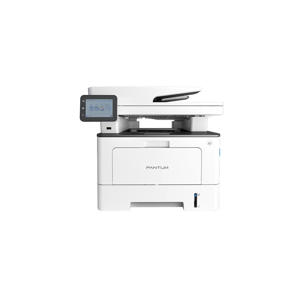Una stampante multifunzione bianca con display touchscreen, marca PANTUM.