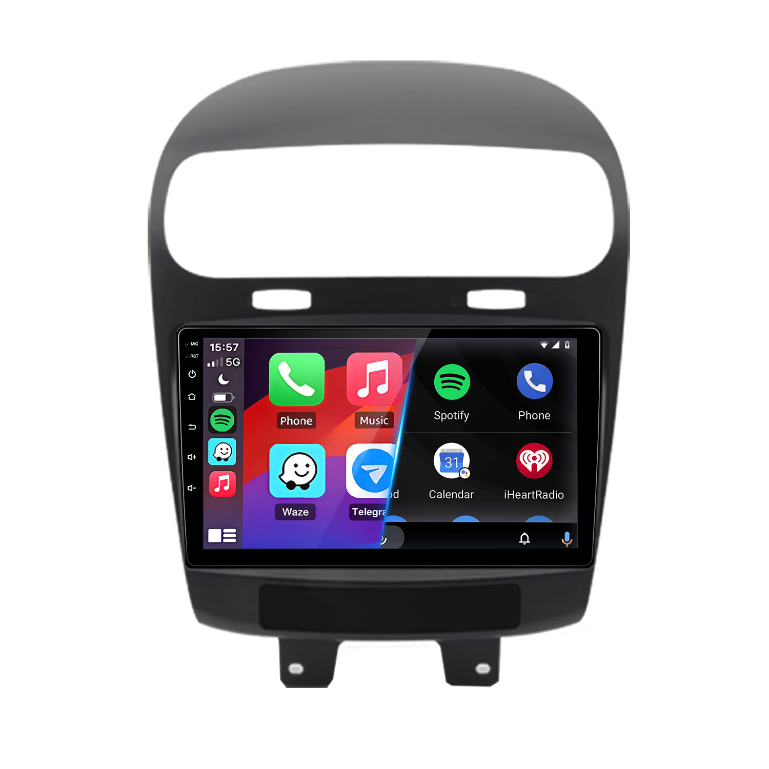 Uno schermo di infotainment per auto con icone di app come Telefono, Musica e Spotify.