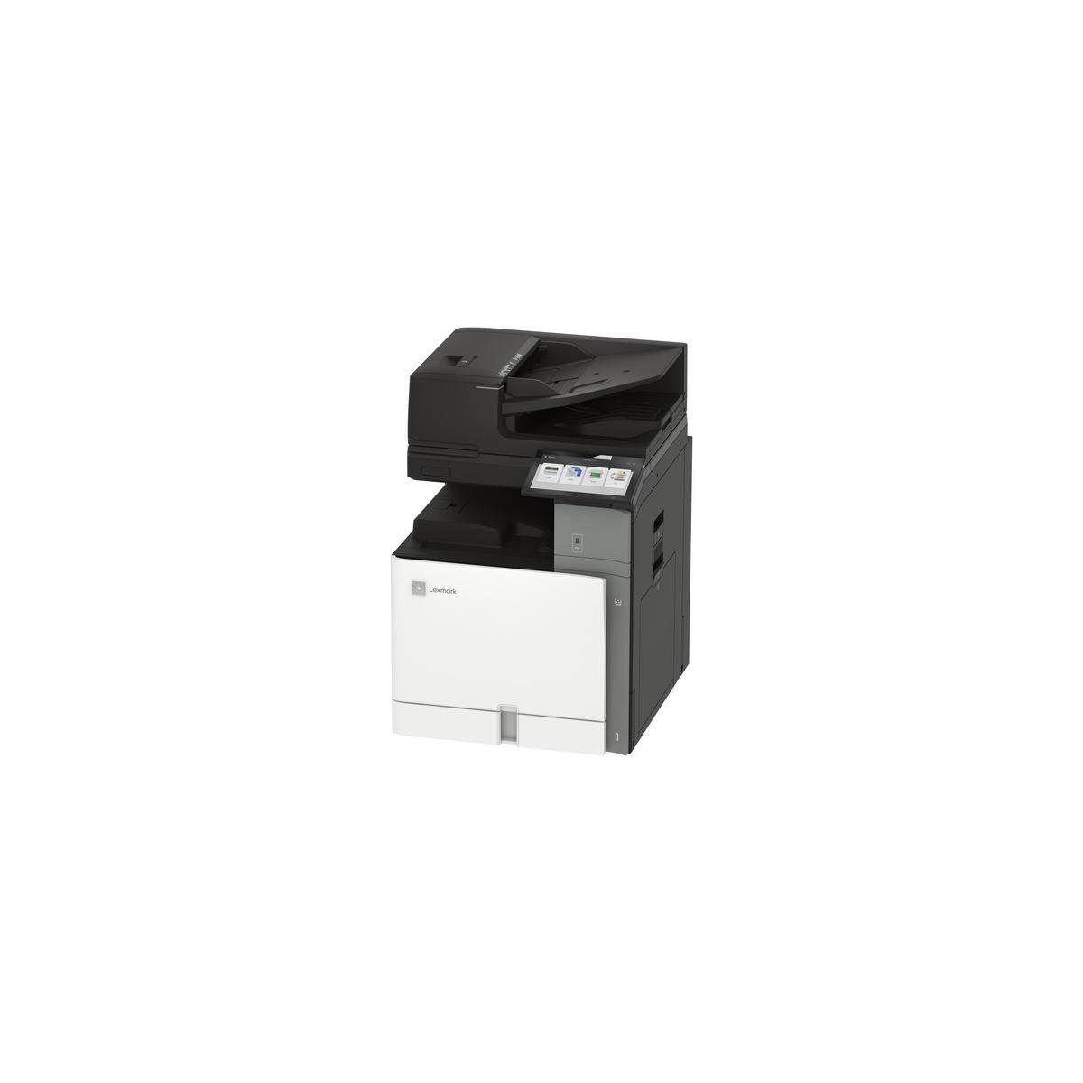 Una impresora Lexmark de carcasa blanca y negra sobre fondo blanco.