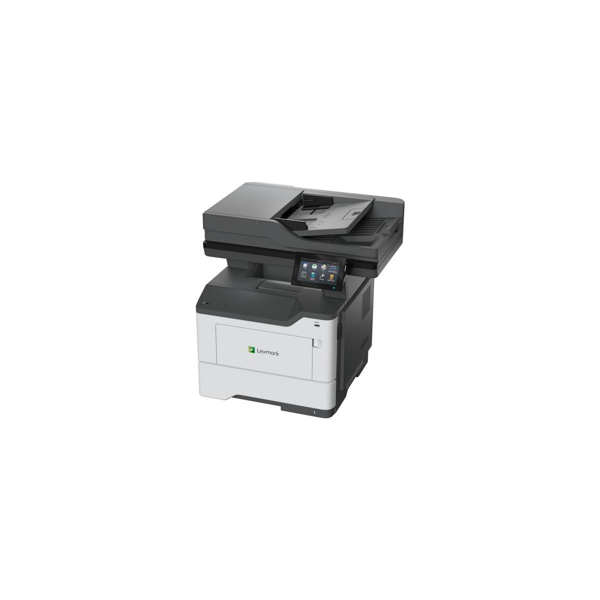 Drukarka Lexmark z ekranem dotykowym i podajnikiem papieru na białym tle.