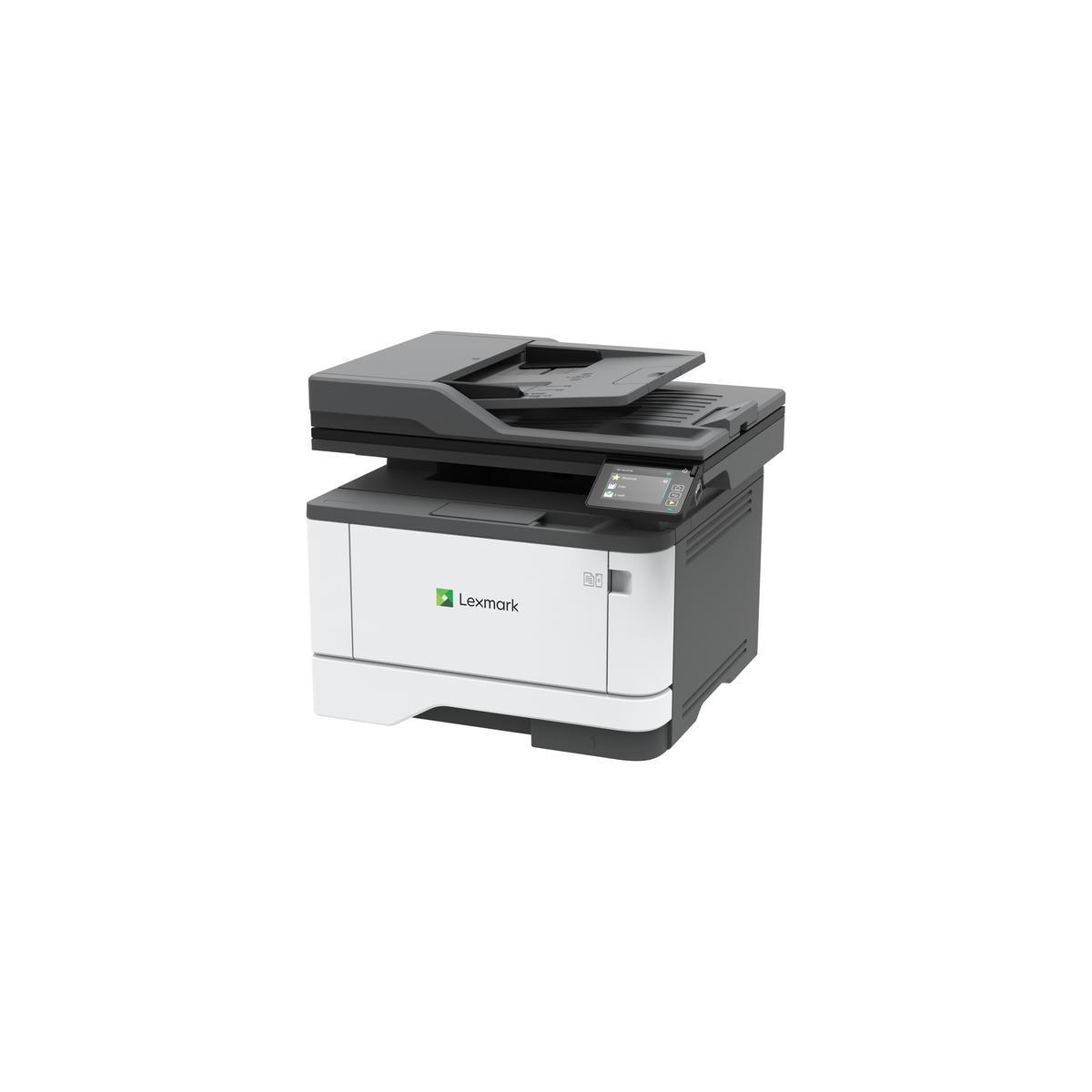 Una impresora Lexmark con escáner plano encima está sobre fondo blanco.