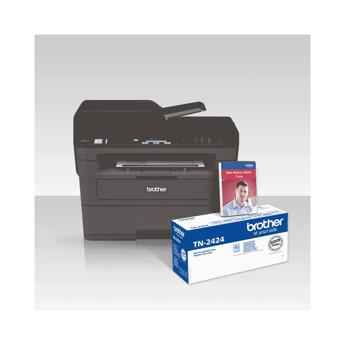 Stampante laser Brother nera con scatola toner e certificato di garanzia.