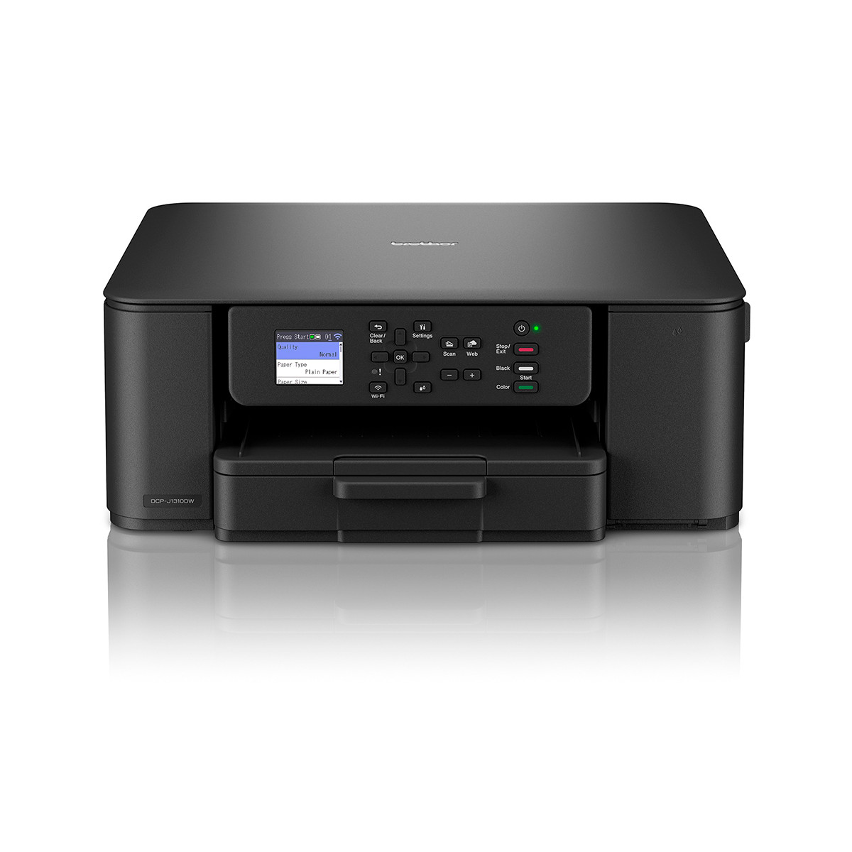 Zwarte Brother DCP-J1300W alles-in-één printer met bedieningspaneel en papierlade.