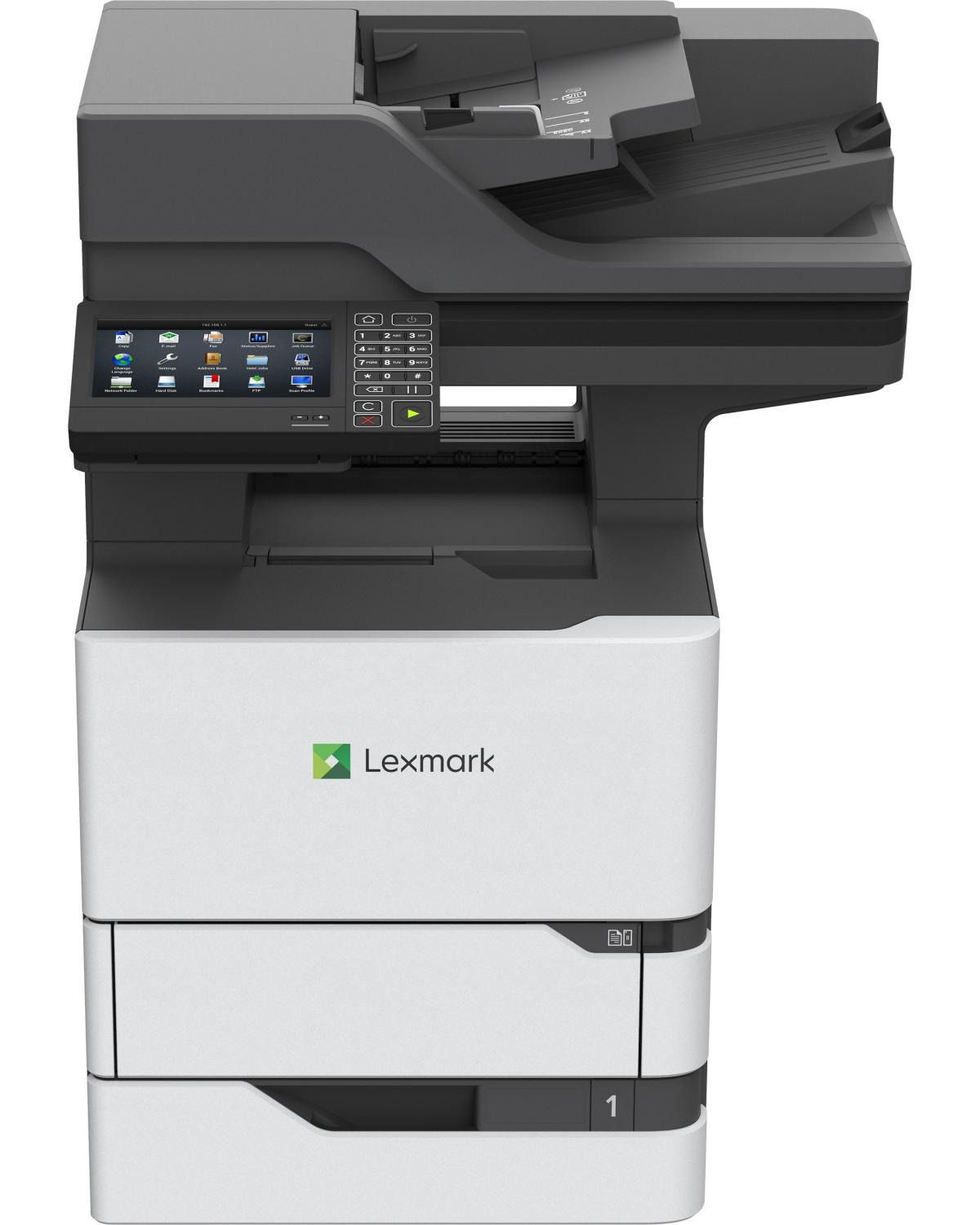 Una stampante Lexmark con touchscreen, tastierino e alimentatore di carta su sfondo bianco.